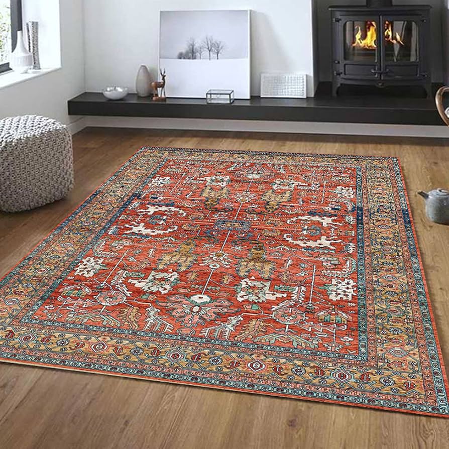 ラグ アンティーク 調 絨毯 キリム柄 民族風 玄関マット アクセント 60*90 ラグ カラー 洗える 北欧 おしゃれ カーペット 長方形 リビング ラグ 滑り止め付き ウォッシャブル オールシーズン 安心 柔らかい ラグマット オレンジ