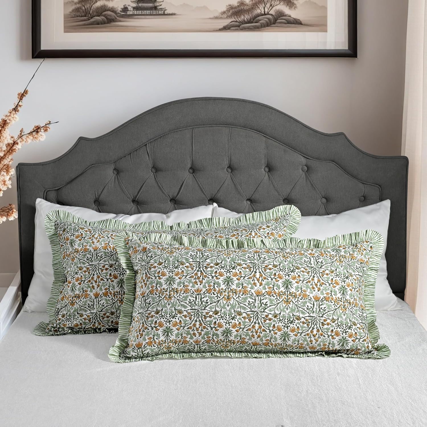 Ridhi Goldenrod Yellow 100% Cotton Block Print Ruffle Bed Sham Cover 20''×36'' Boho Floral Pillowcase, Bedroom Decor, Cottagecore, Soft Decorative Cushion Cover Gift for Spring, Easter, Valentine