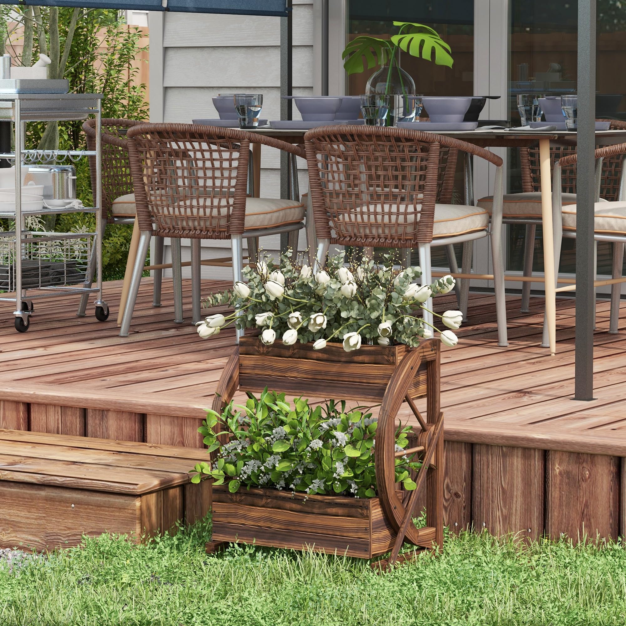Outsunny Jardinière en Bois à 2 Niveaux pour l'extérieur, Potager surélevé avec 2 Pots et Roues de Chariot de Style campagnard, 55x32x56cm