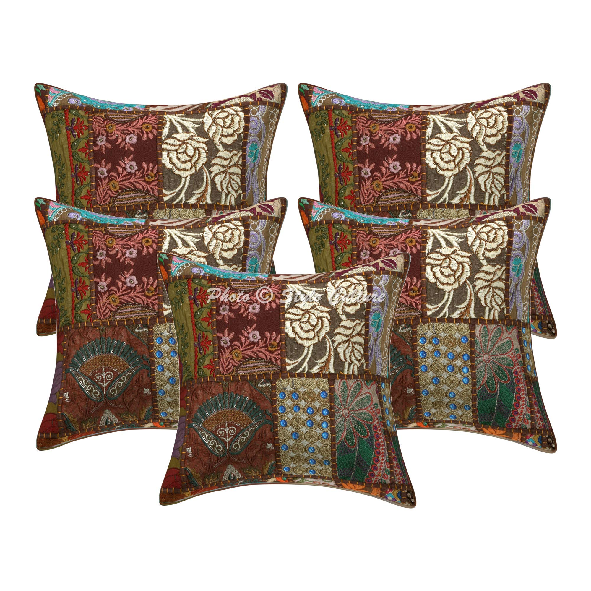 Bohemien Dekorativ Baumwolle Couch Kissenbezüge 45x45 cm Dunkelbraun Dekokissen Vintage Patchwork Schlafzimmer Sofa Kissen Bezüge Abstrakt Quadrat Kissenhullen - 5 STK.