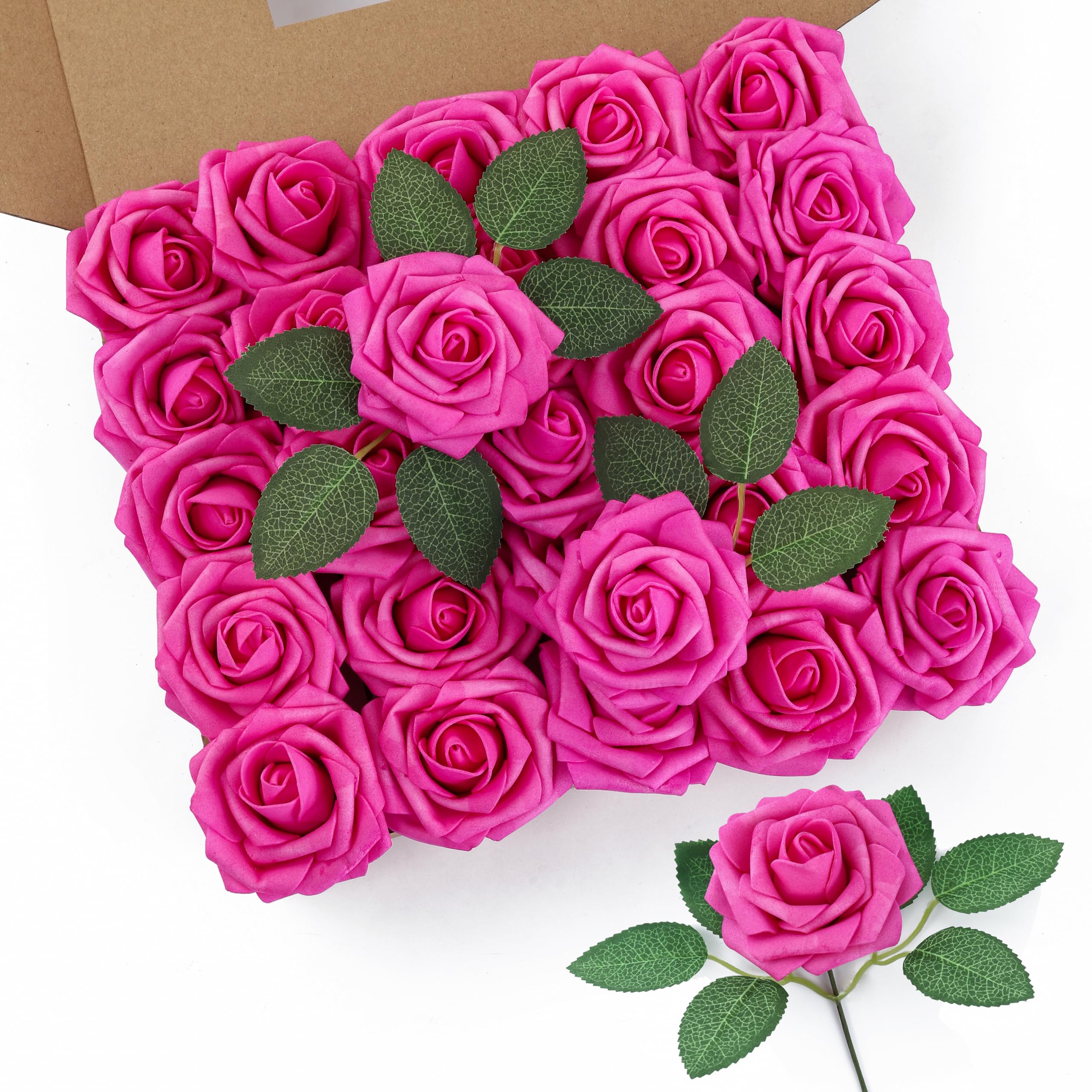 DuHouse 50Pcs Artificial Roses Flowers Fake Roses with Stems Real Touch Foam Flowers for DIY Wedding Bouquet Party Centerpiece Floral Arrangement Party Home Decor(Hot Pink) — image 1