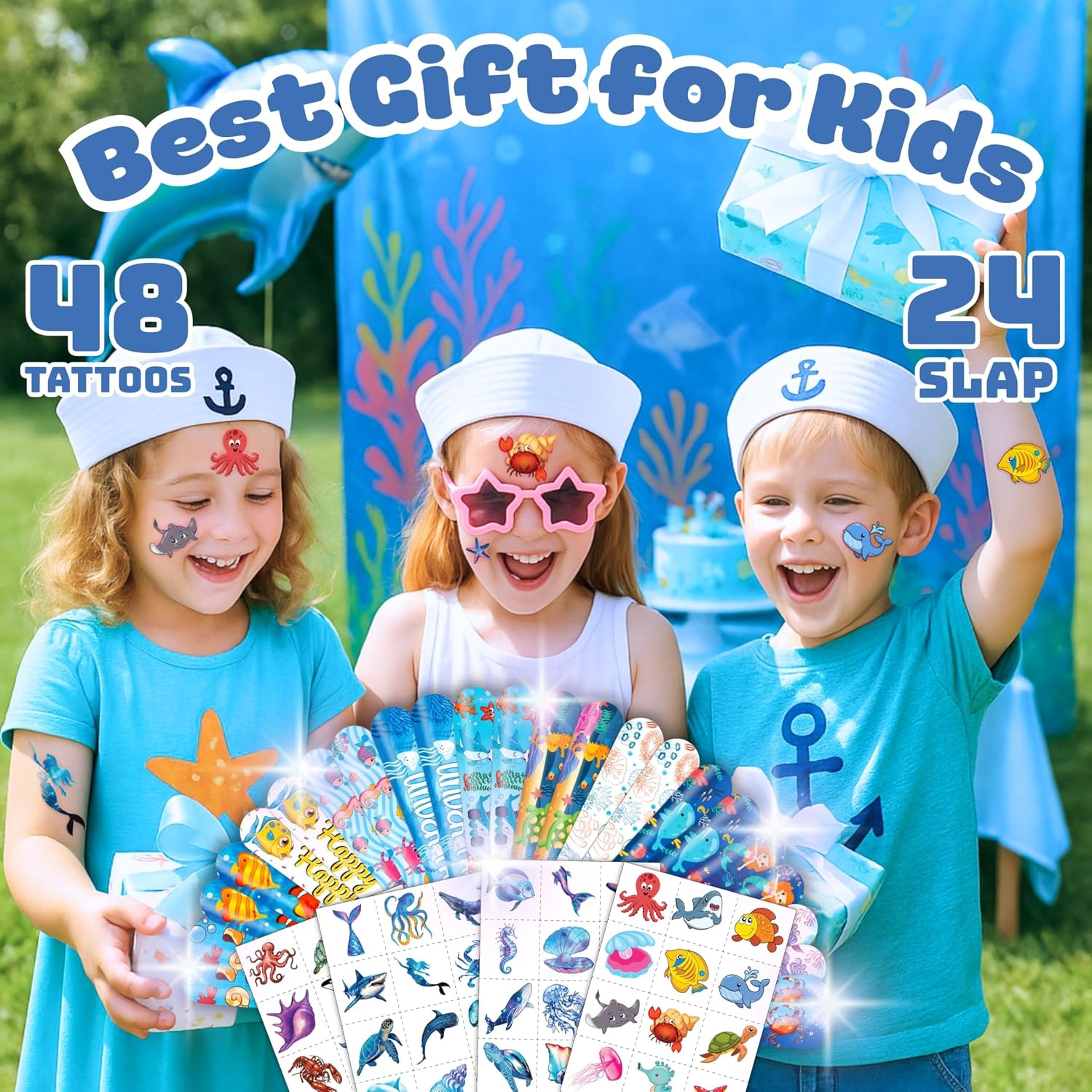 72PCS Ocean Animal Party Favors Tattoos & Snap Slap Bracelets Decorations