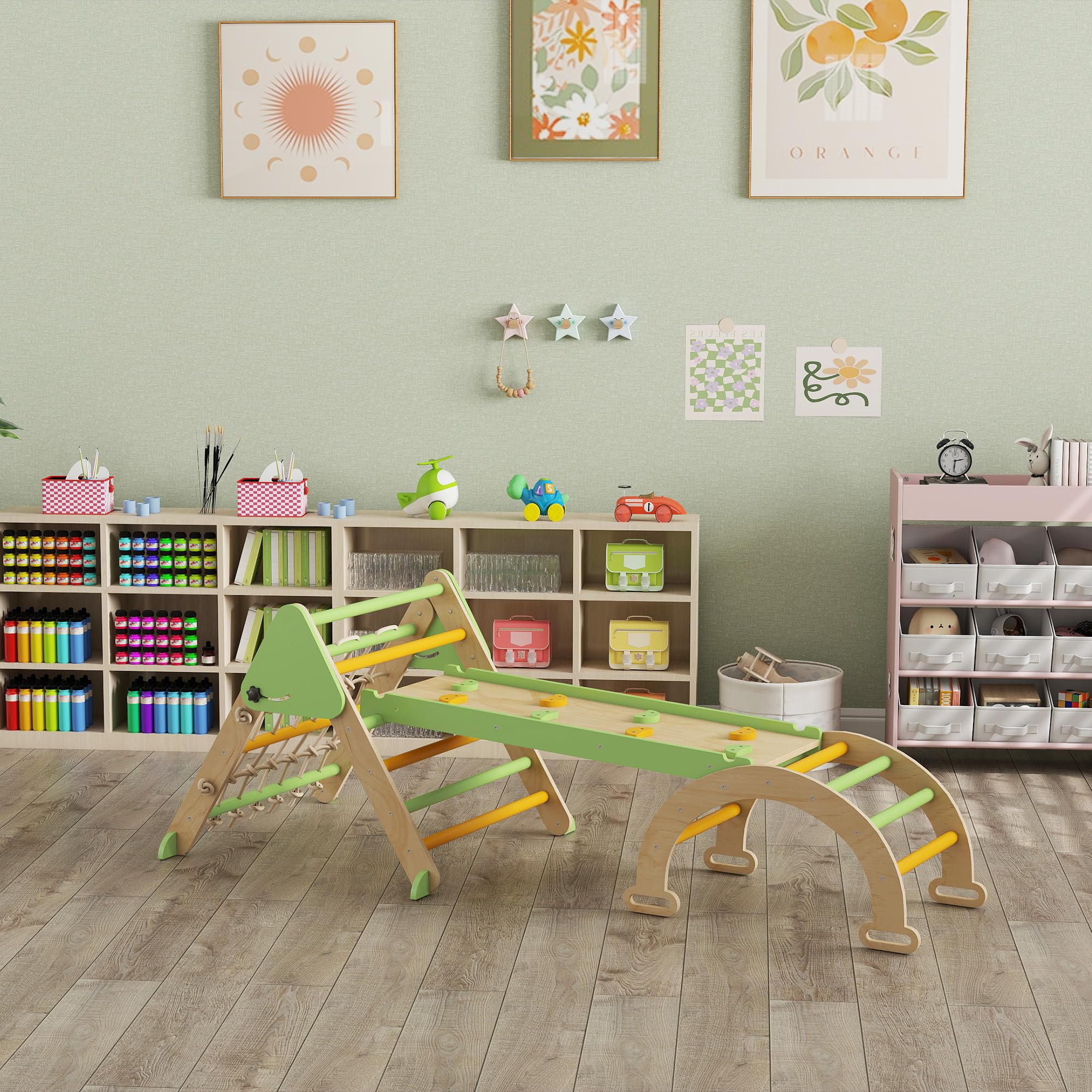 AIYAPLAY Montessori 8 en 1 Arco de escalada de madera para interiores, triángulo de escalada con arco de escalada, tobogán de doble cara, parque infantil para niños pequeños y niños de 1,5 a 4 años
