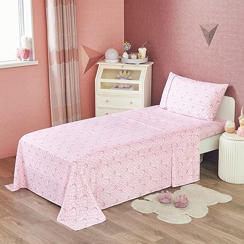 Miniatura 2 de Viviland Juego de sábanas individuales para niños, juego de sábanas tamaño individual con corazón rosa para niñas, sábana individual con estampado