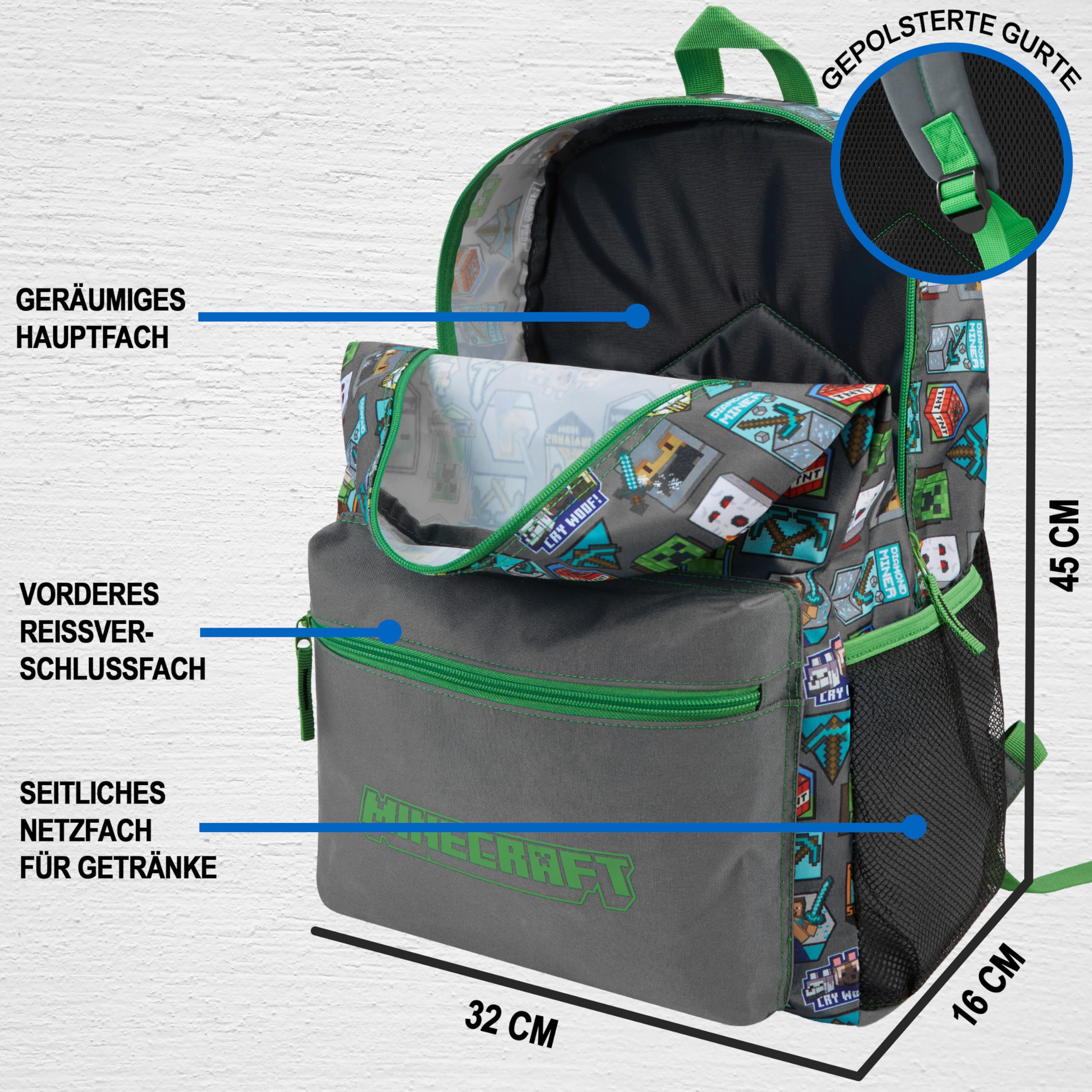 Get Trend Minecraft Grande Mochila Niños, 46 cm Mochila Escolar Ajustable y Acolchada, para Colegio, Viaje y Ocio, Regalo Gamer para Niños (Verde/Gris Minecraft)