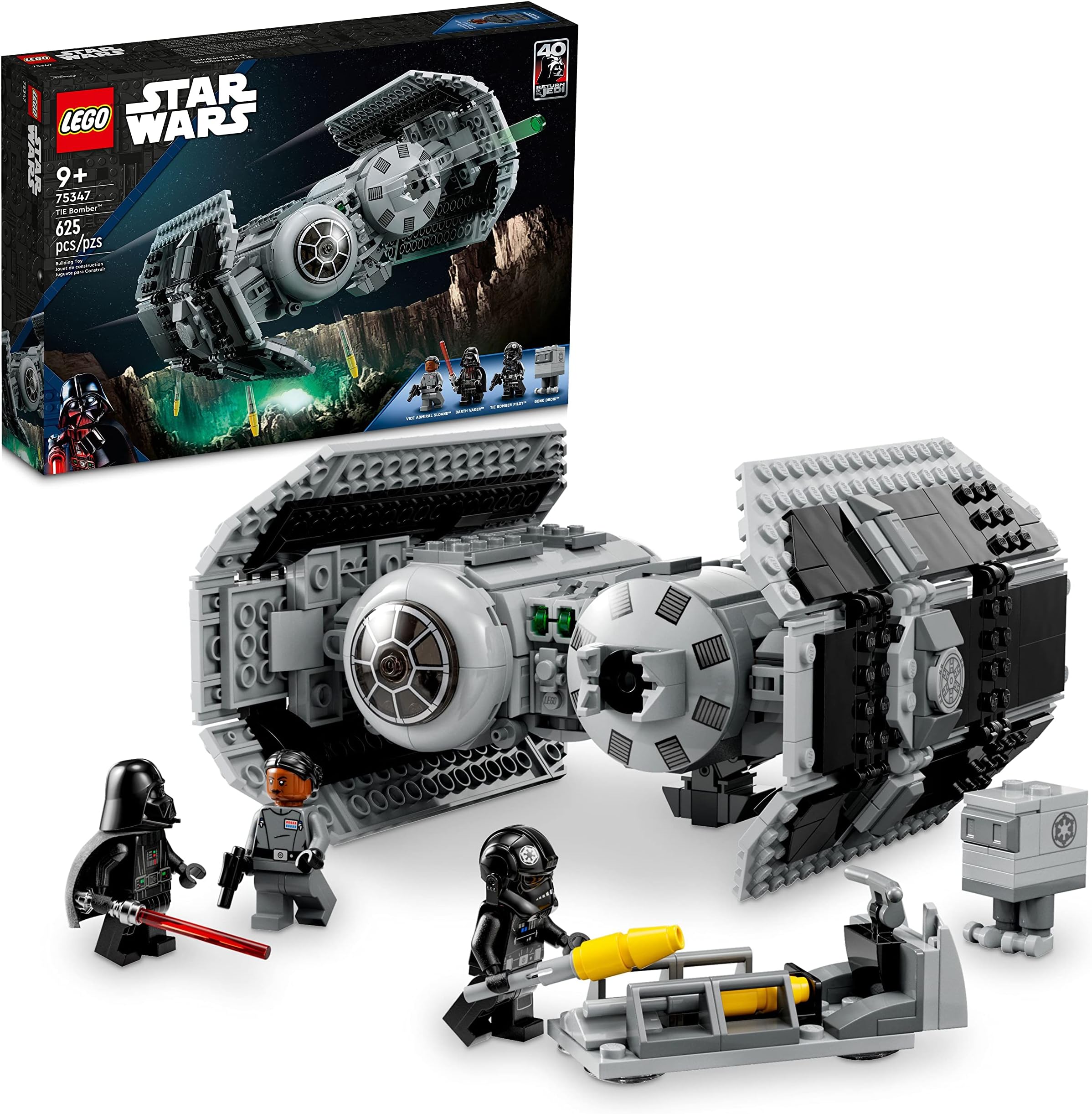 Star Wars TIE Bomber Model Building Kit, Star Wars Toy Starfighter with Gonk Droid Figure, Darth Vader Minifigure and Lightsaber, Collectible Star Wars Gift for 9 Year Olds, 75347