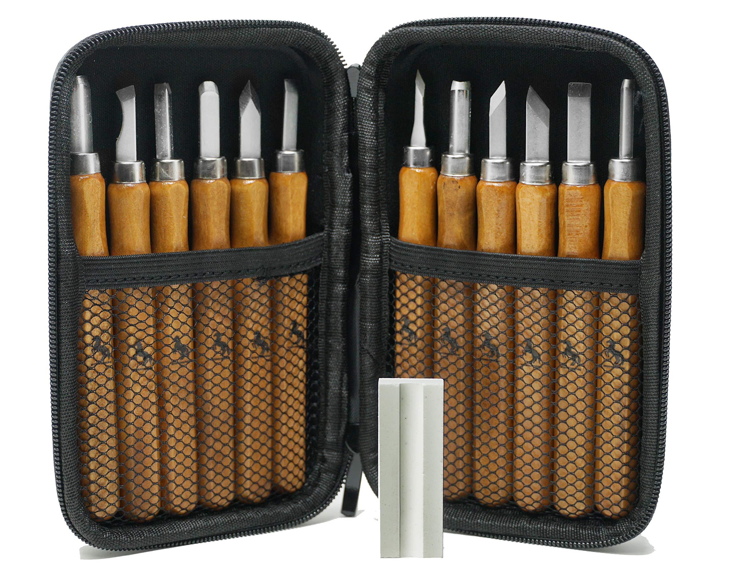 13pc Carbon Steel Wood Carving Knife Tool Kit - with Reusable Pouch and Sharpner