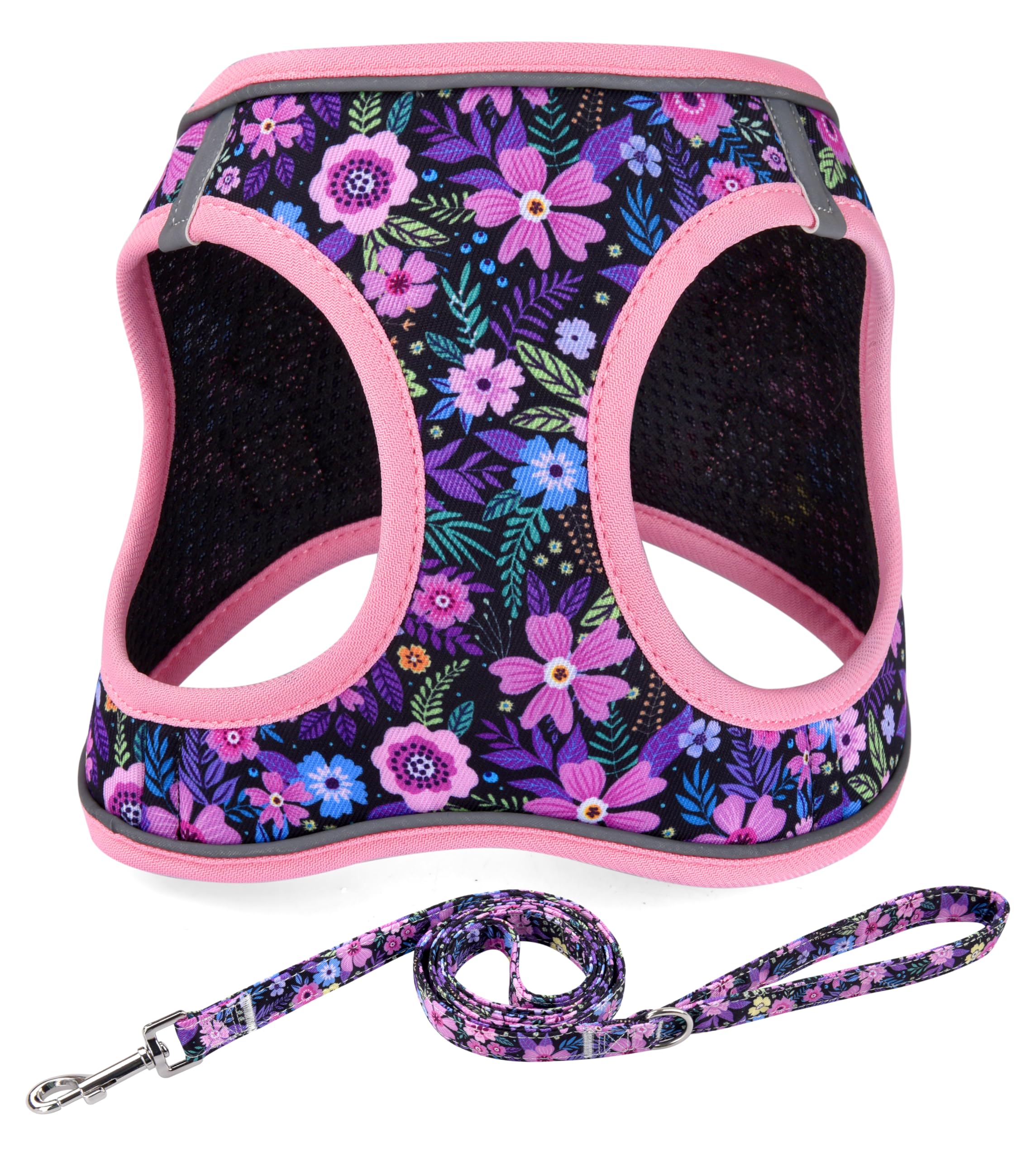 Mihqy Step in Dog Harness and Leash Set, Reflective Adjustable No Pull Dog Harness for Extra-Small/Small Dogs Puppy and Cats, Soft Padded Mesh Vest Harnesses for Girl and Boy Pets(Pink Floral,XS)