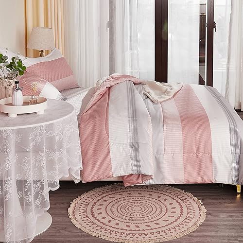 Miniatura 3 de Litanika Juego de edredón rosa tamaño King, juego de edredón ligero de 3 piezas, color blanco rubor