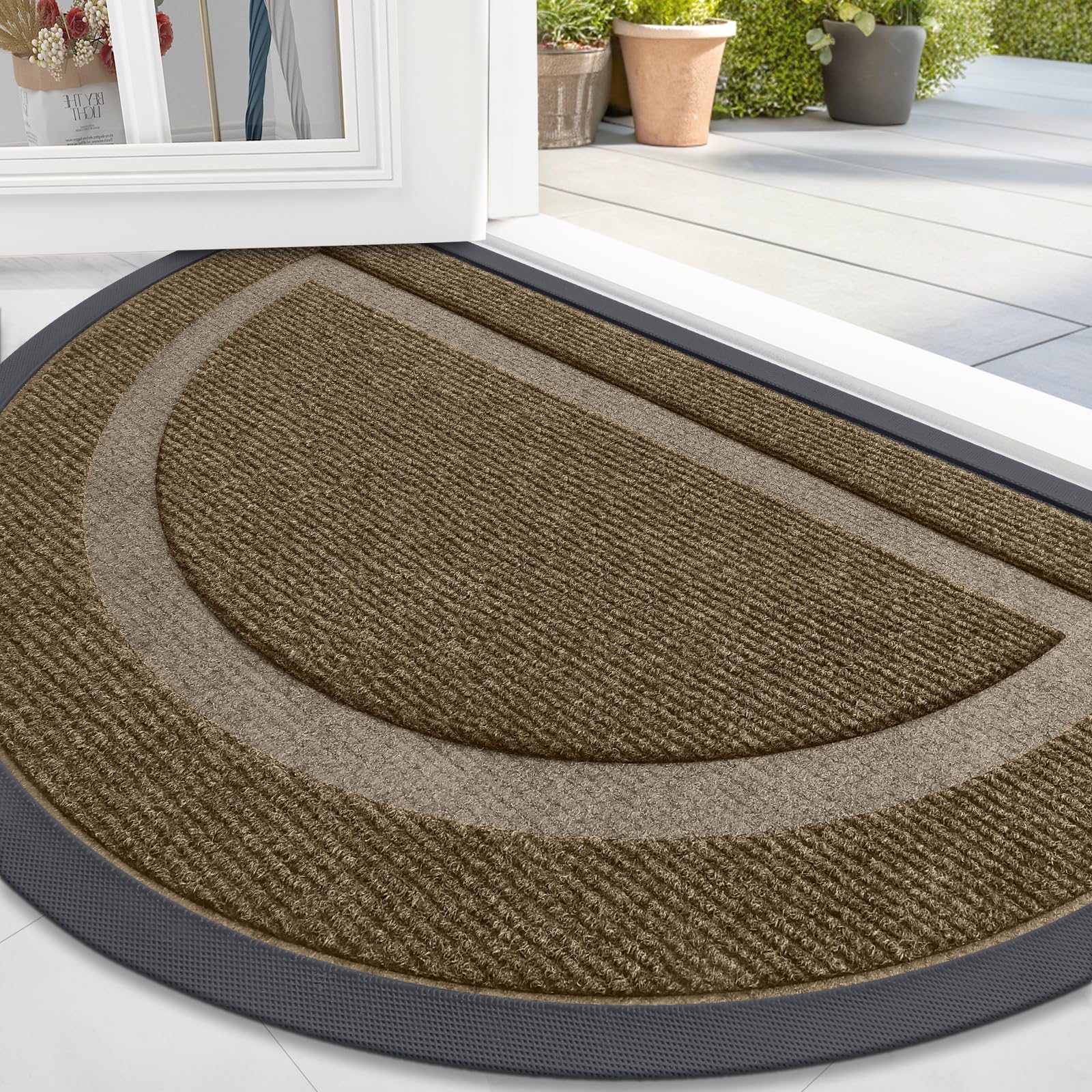 OLANLY Half Circle Front Door Mat Outside 71x47 All-Season Rubber Doormat | Brown, Absorbent, Heavy-Duty, Stain and Fade Resistant, Waterproof Non-Slip Backing, Low-Profile Indoor Outdoor Entryway Mat