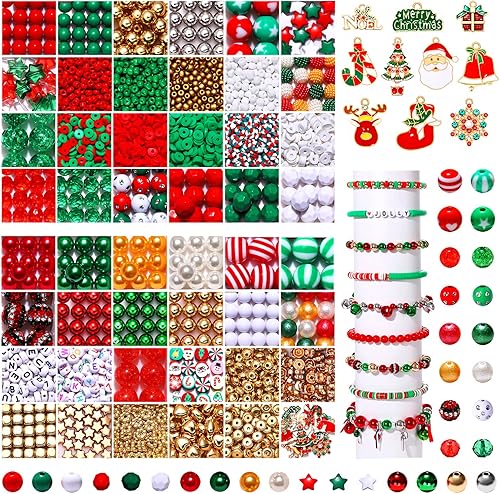 4200 cuentas de Navidad para hacer joyas, dijes de copo de nieve de árbol de Navidad, cuentas de arcilla polimérica roja y verde, cuentas de cristal