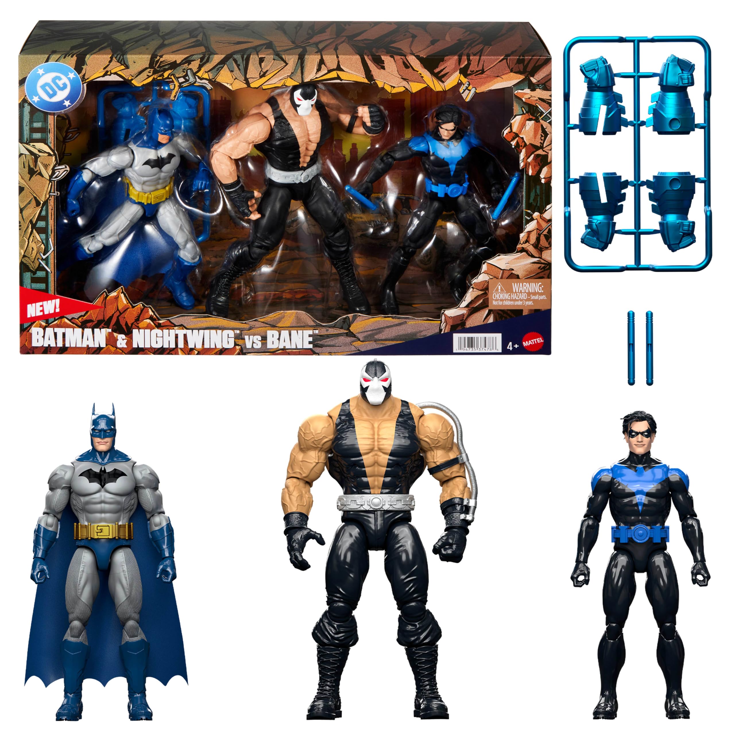 Mattel DC Premier Series, Set da 3, Batman e Nightwing contro Bane, 16,5 cm | Set con 3 personaggi, manganelli e grandi guanti da combattimento, per giocare con supereroi e supercattivi, JMD66
