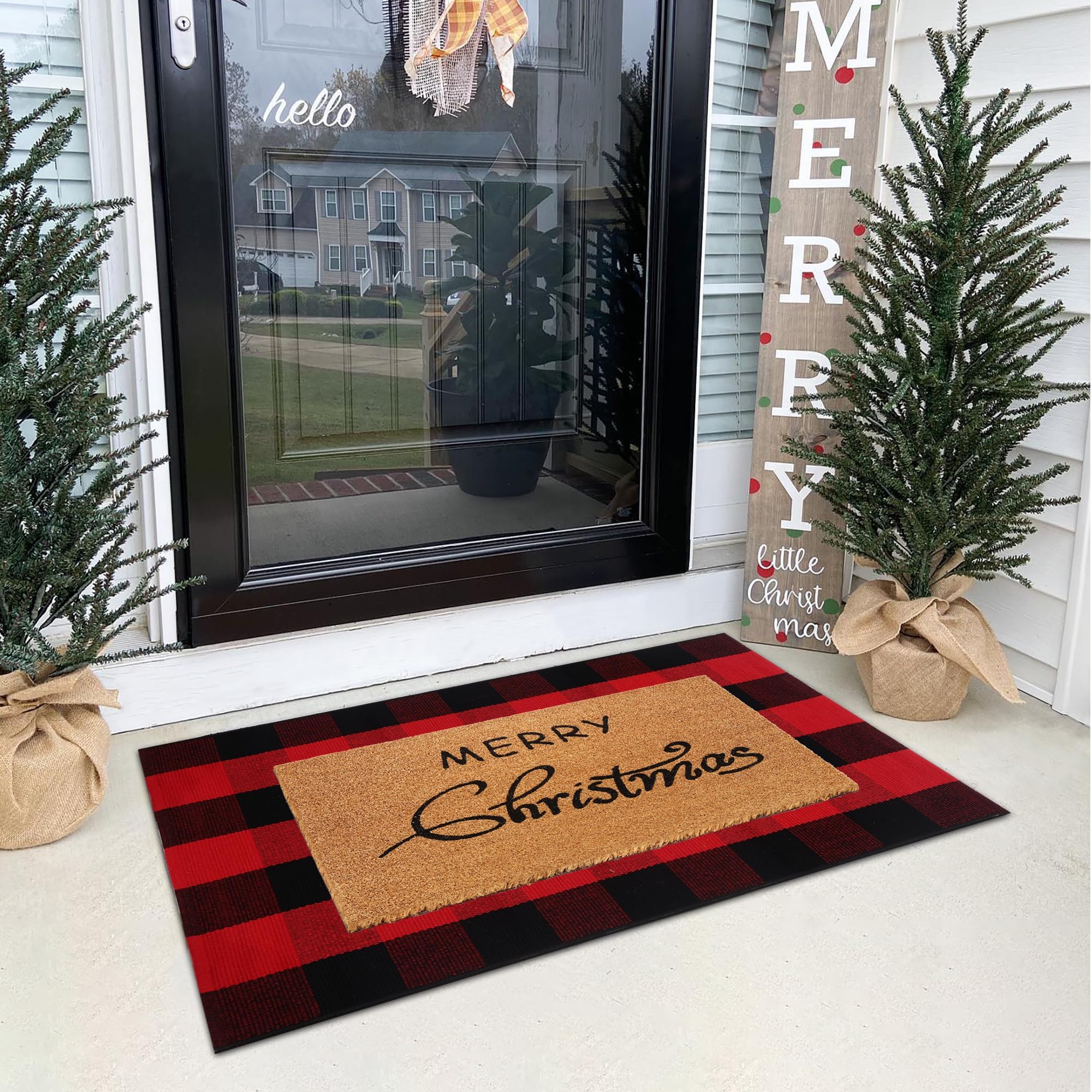 Juego combinado de felpudos de Navidad, tapete de bienvenida 100% fibra de coco + alfombra de cuadros rojos y negros de 28 x 43 pulgadas, tapete decorativo de Año Nuevo, colección de Navidad, para