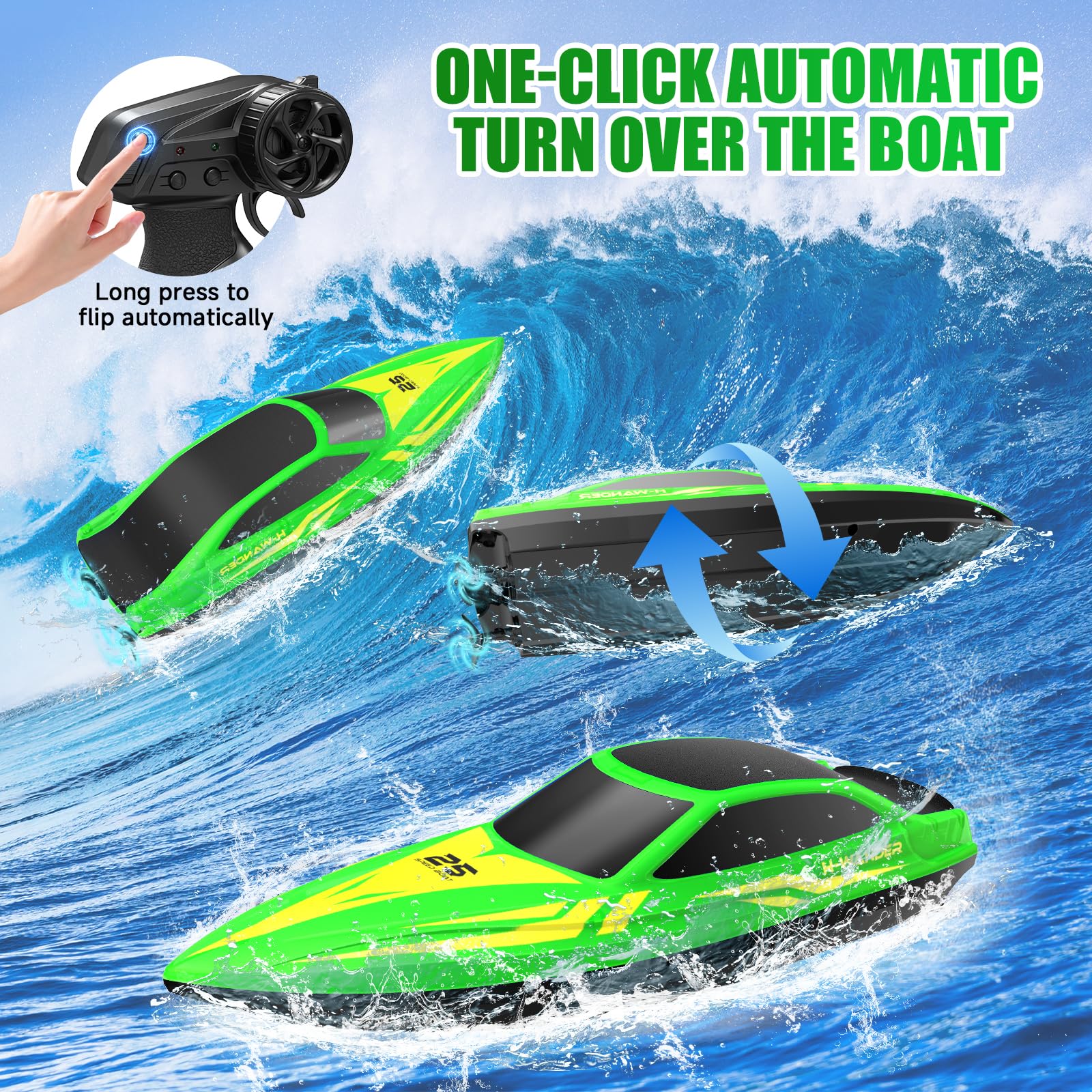 WUQNGI Barco Teledirigido Profesional con Luces LED de 7 Modos, Lancha Teledirigida de Alta Velocidad para Niños y Adultos, Barco RC para Piscina y Lago, 2 Baterías 120 Min, 2.4GHz, Autoadrizable - 5