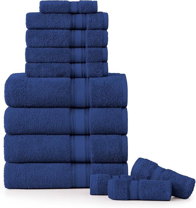 LANE LINEN Luxury Bath Towels Set - 12 Piece Set, 100% Cotton Bathroom Towels, Zero Twist Shower Towels, Extra Absorbent Bath Towel, Super Soft, 4 Bath Towels, 4 Hand Towels, 4 Wash Cloths - Navy