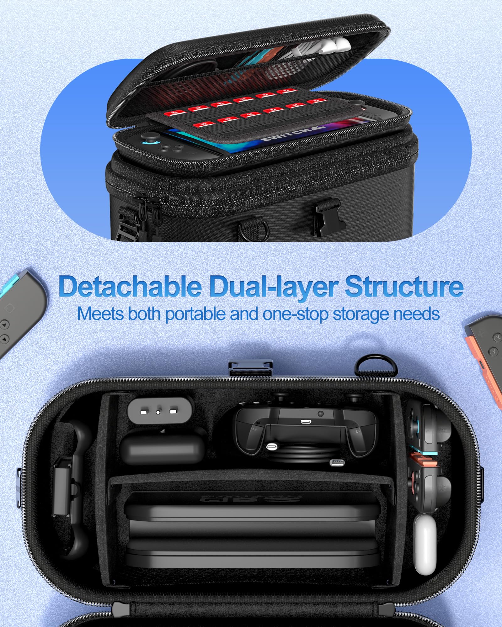ProCase Housse Double Couche pour Nintendo Switch 2 2025 7.9", Grand Sac de Transport pour Console Switch 2 et ses Accessoires Complets, Étui Rigide de Voyage, Design Détachable avec Bandoulière -Noir
