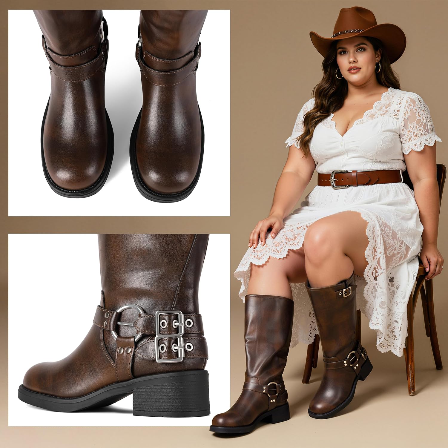 AMINUGAL Wide Calf Knee High Boots for Women Square Toe Pull On Chunky Womens Buckle Moto Boots Rivet Vintage Y2K Motorcycle Riding Biker Casual Fashion Festival Renaissance Combat Rave - Image 5