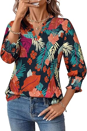 Dresswel Print Tops for Womens Trendy 3/4 Length Sleeve Blouses Tops | Dressy Casual V Neck Shirts with Smocked Cuffs,Casual Beach Blouses Top,Tropical Vacation T-shirt,Hawaiian Tops and Blouses