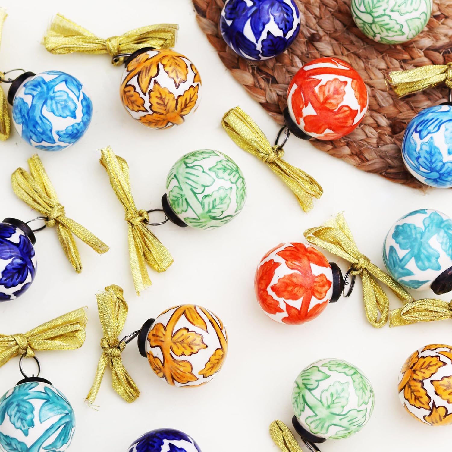 IndianShelf 12 Large Colourful Ceramic Christmas Ornaments Handpainted Porcelain Christmas Tree Balls with Ribbon