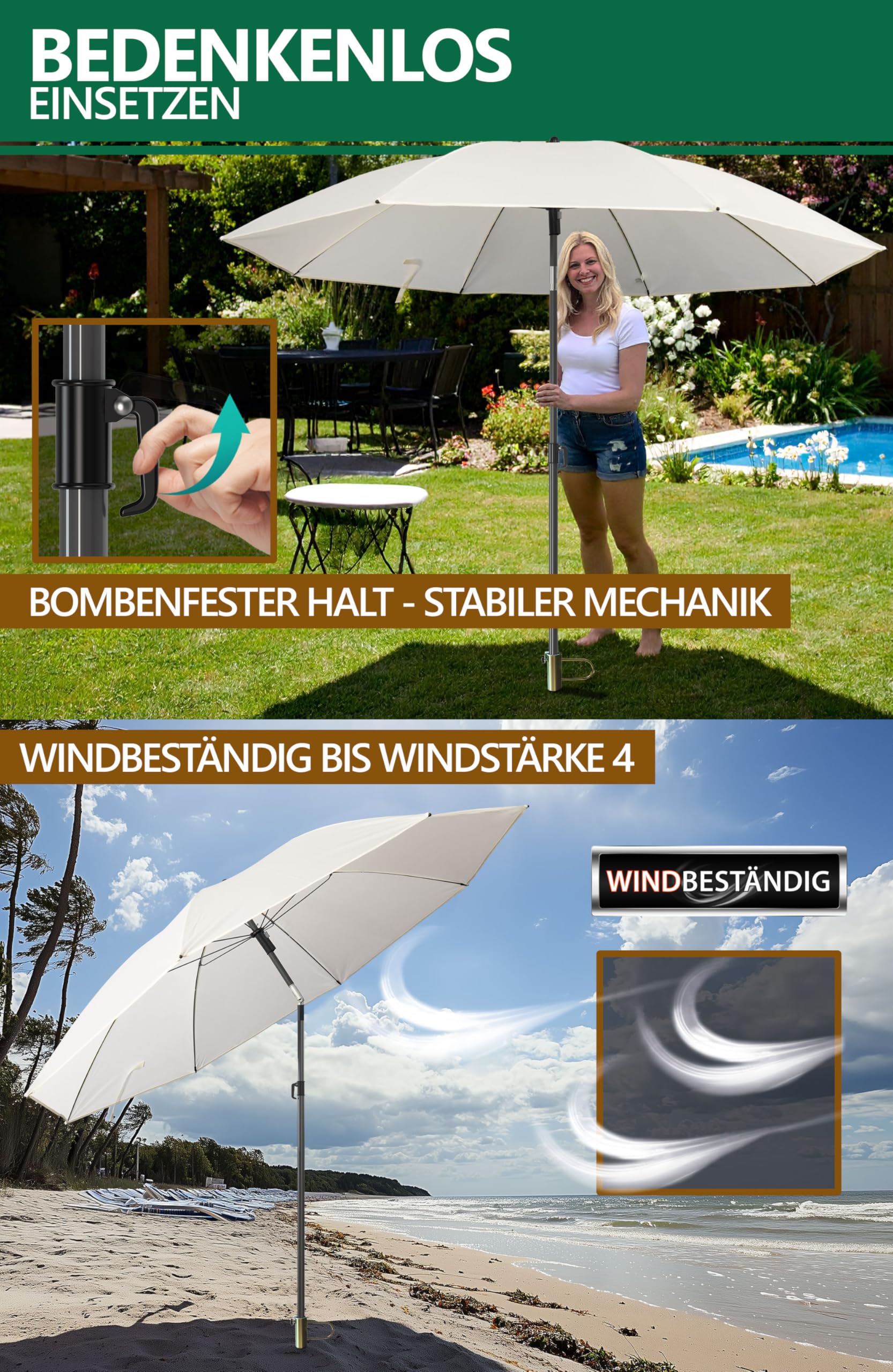 4smile Sonnenschirm Strand SunnyJoy Modern im 3er-Set, Beige - Strandschirm windfest stabil 180 cm + Rasendorn Sonnenschirmhalter + Schirmhülle - Sonnenschirm mit Rasendorn, Schirmspieß Garten