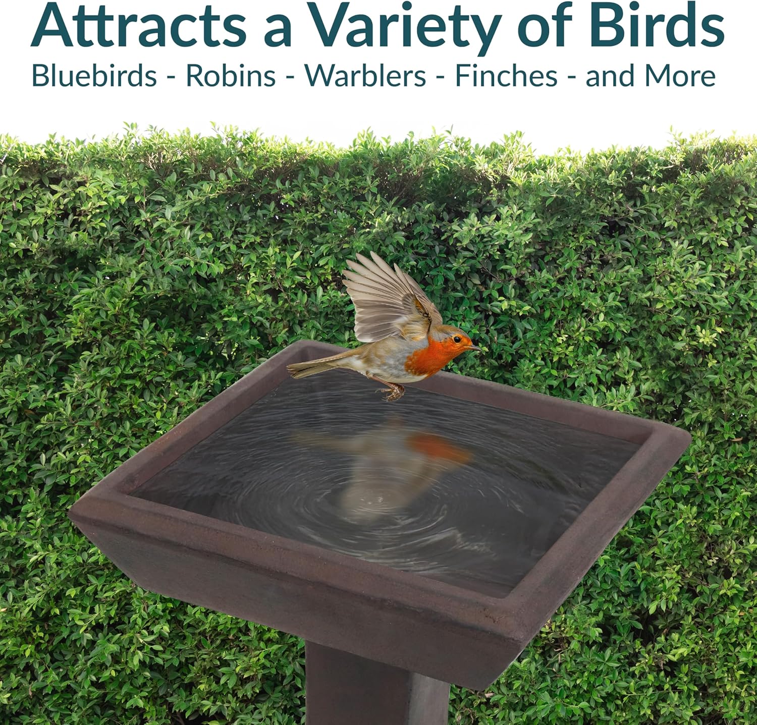 Sunnydaze 23” H Concrete Bird Bath for Outdoors - Simply Square Garden Bird Bath with Glass Fiber Reinforced Concrete Construction - Brown