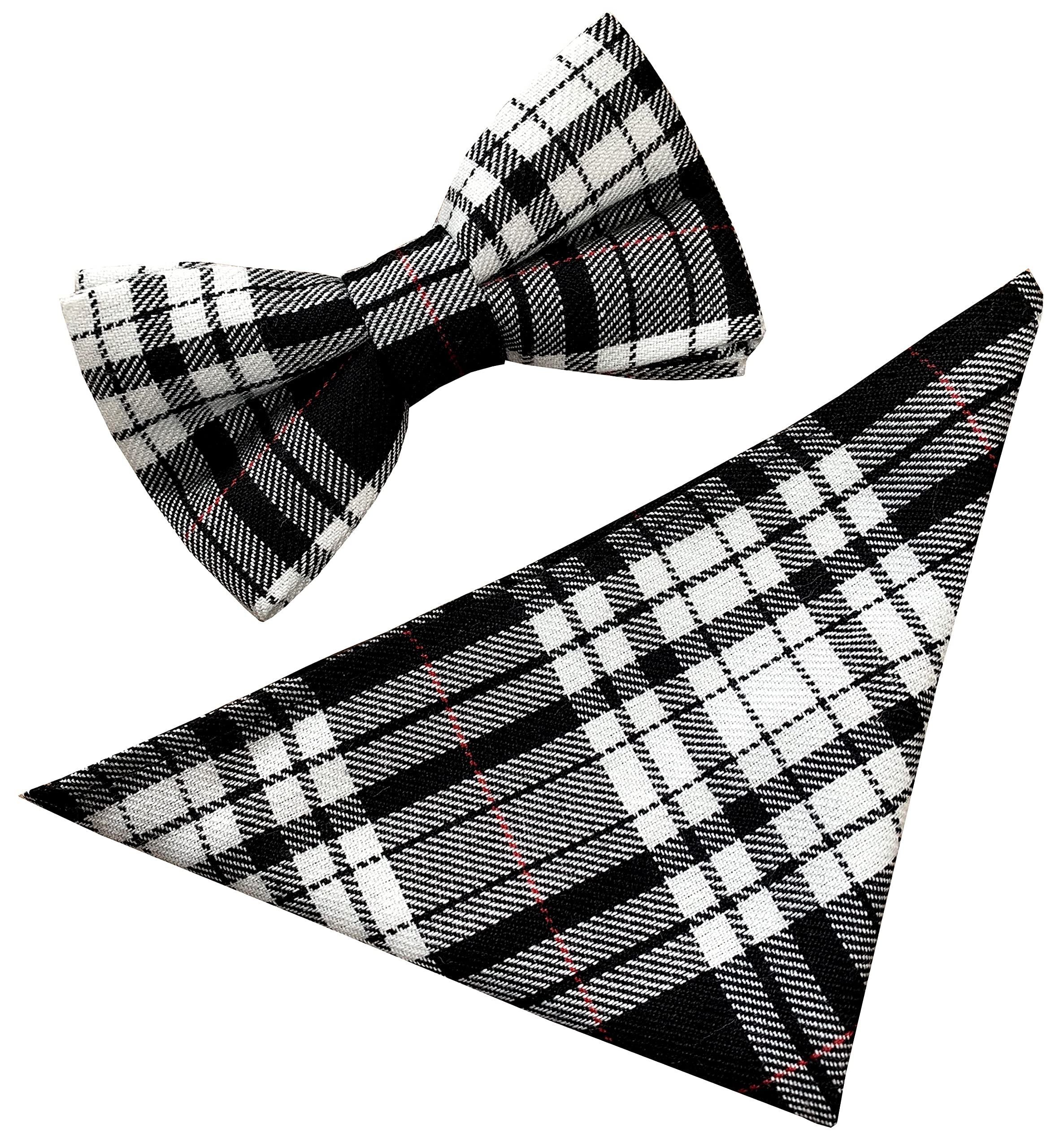 Great British Tie Club Men's Black, White, Red Zies Dress Tartan Black & White Check Scottish Bow Tie & Hanky Set