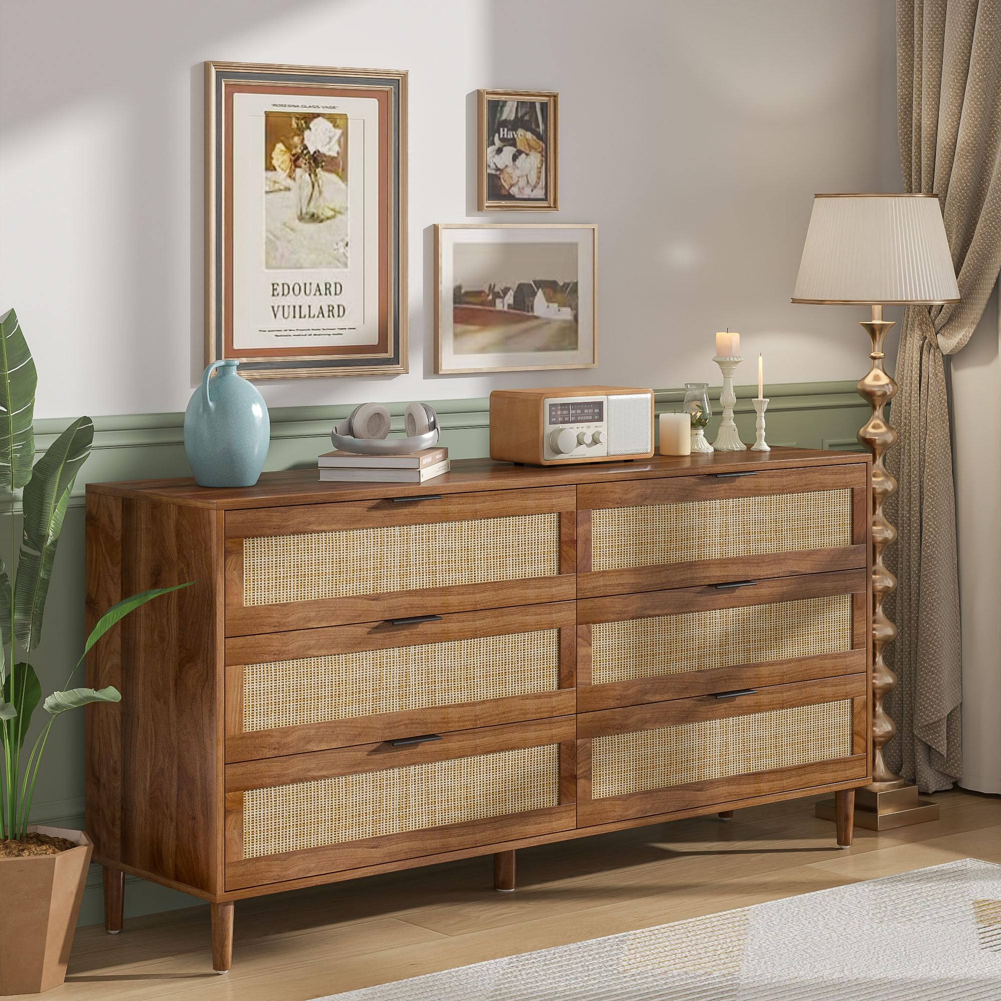 ( incomplete ) Drawer Double Dresser for Bedroom,Natural Rattan Modern Drawer Chest,Wooden Storage Wardrobe Dresser with Black Handles,Floor Standing Storage Cabinet, for Entrance,Living Room,Hallway (Walnut)