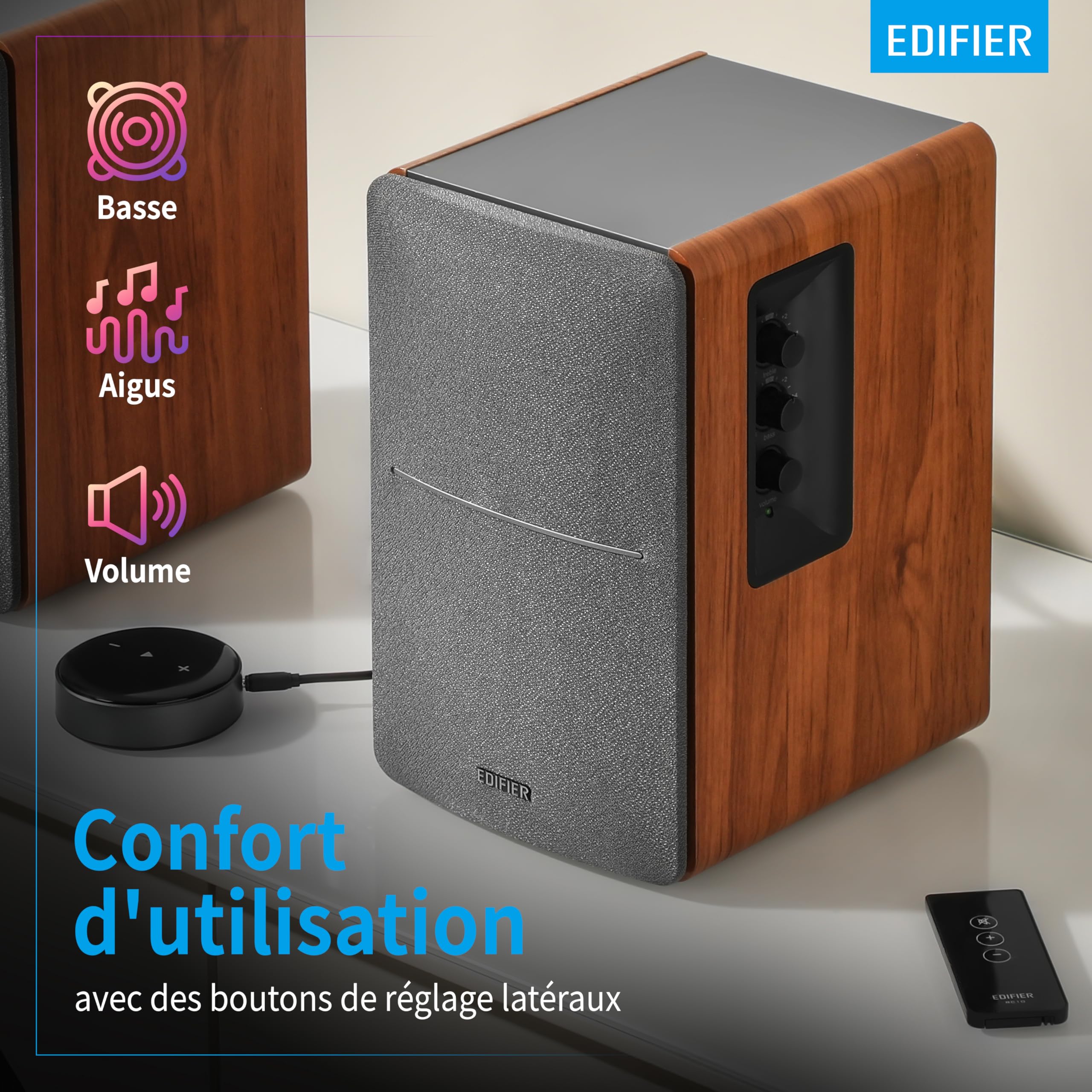 Edifier R1280T WiiM Mini - Enceintes bibliothèque Actives 2.0 avec WiiM Mini Inclus pour Streaming Airplay 2 Fonctionne avec Alexa & Siri - 42 W RMS - Bois