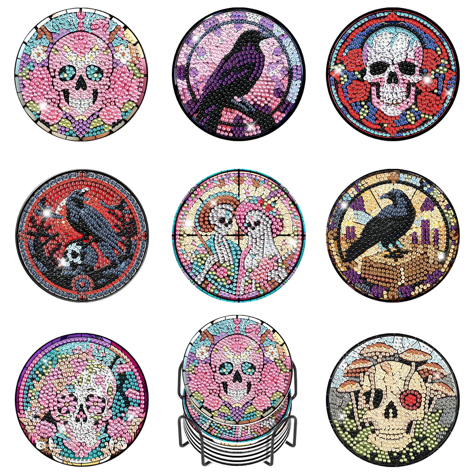 Kalonyth 8 Pcs Skull Diamond Art Coasters Kits with Holder Cork, 4x4in