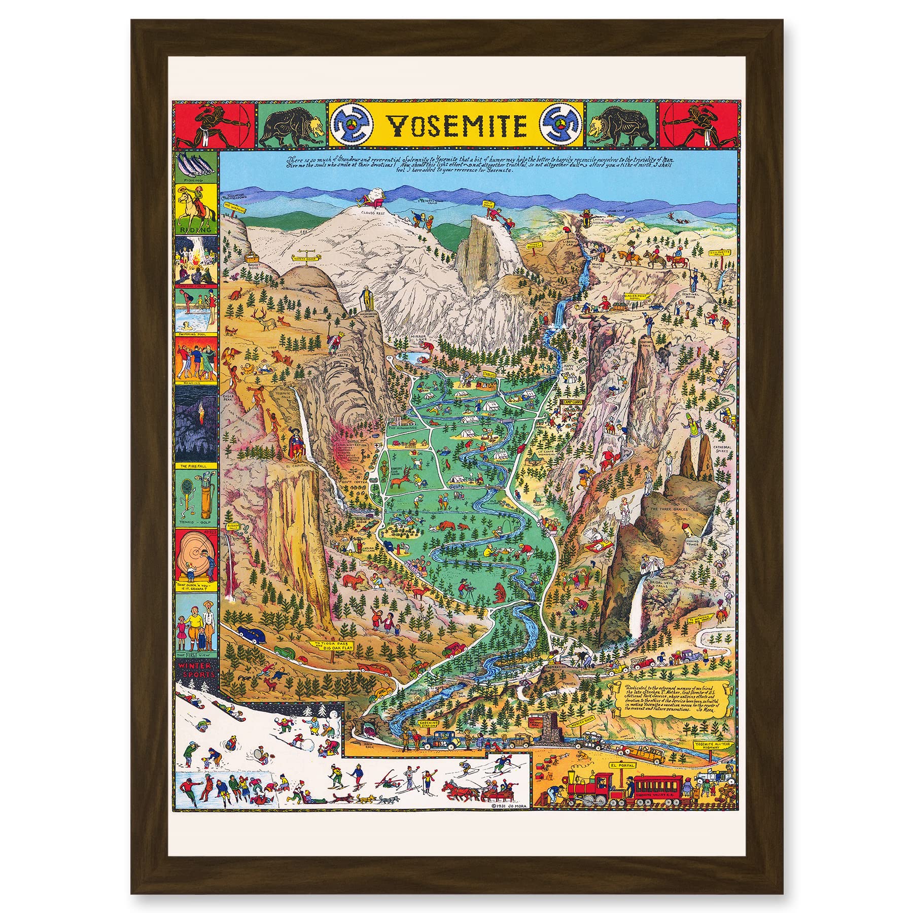 Artery8 Map Mora 1931 Yosemite Valley Pictorial National Park USA Artwork Framed Wall Art Print A4