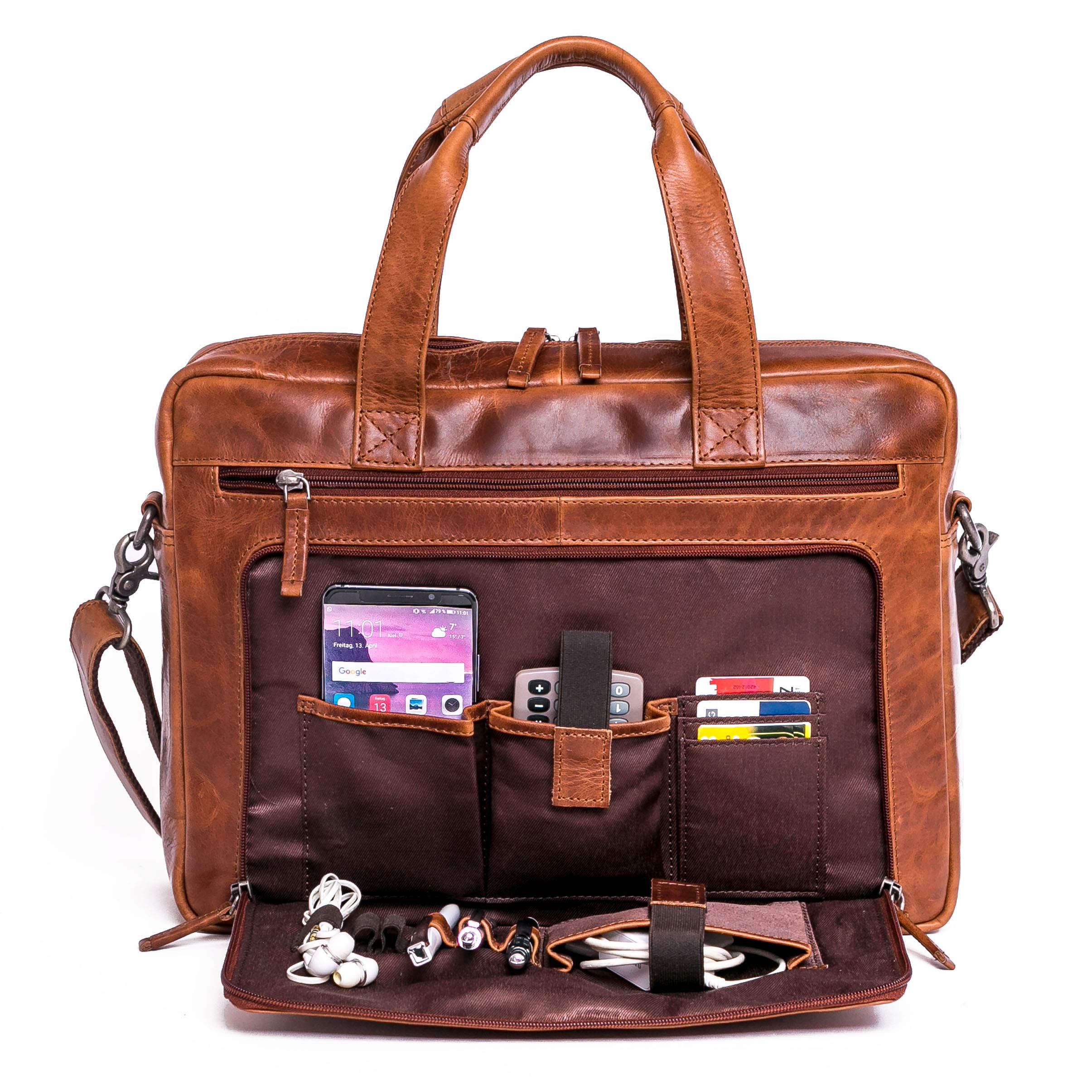ALMADIH Leder Businesstasche Laptoptasche 15 Zoll Aktentasche Bruno tolle Aufteilung Leder Business Tasche Herren Damen Umhängetasche Unitasche Arbeitstasche Schultertasche Dokumententasche braun