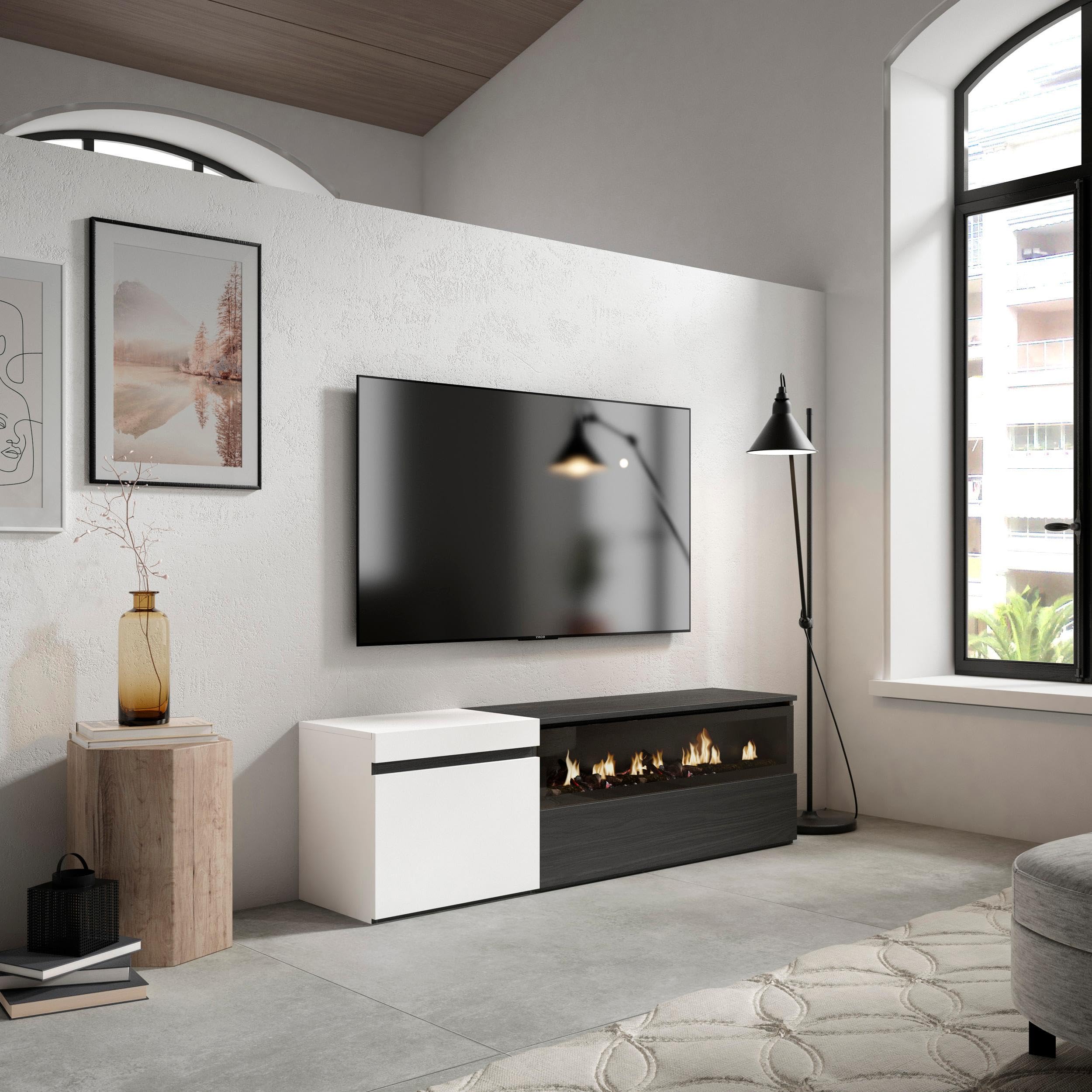 Skraut Home | Mueble TV | Televisión | Muebles de salón, almacenaje | 150x45x35cm | para TV hasta 65" | Chimenea eléctrica | Estilo Moderno | Blanco y Negro