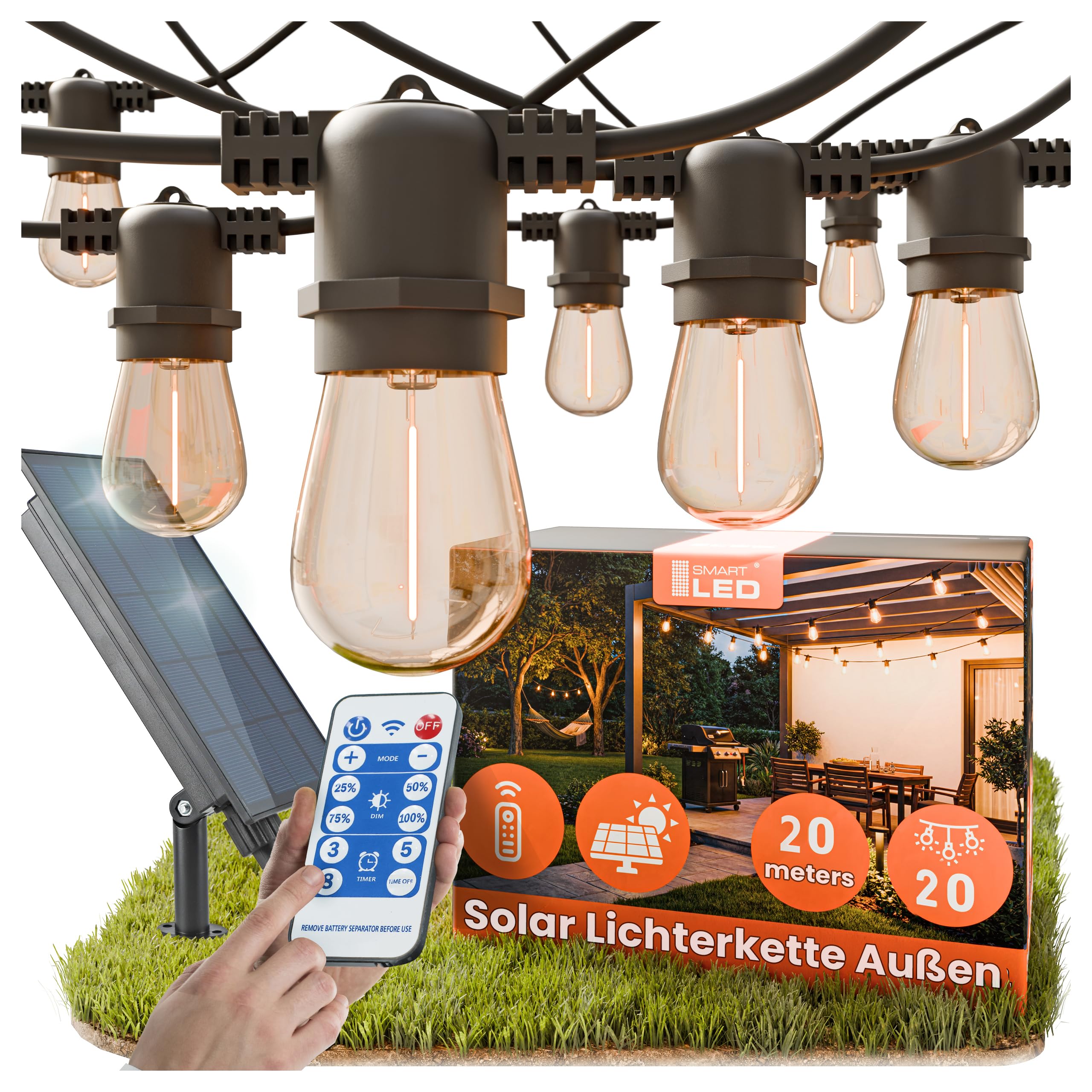Lichterkette Außen Outdoor LED Strom,20M Aussen Beleuchtung E27 mit Stecker & Timer,11Modi,IP65 Wasserdicht Wetterfest Lichterkette Glühbirnen für Garten Terrasse Party Weihnachten, Warmweiß