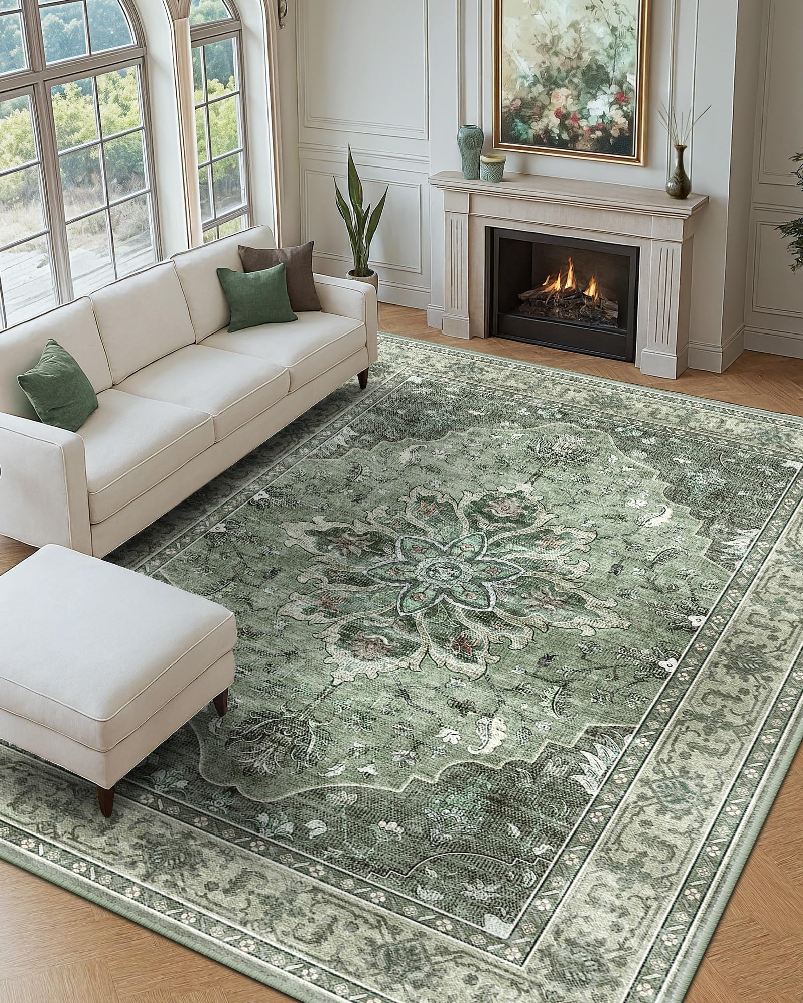 RELEANY Area Rugs 9'x12' Washable Non-Slip, Floral Vintage Distress Print Pattern Medallion Carpet for Living Room Bedroom Dining Room, Dark Green