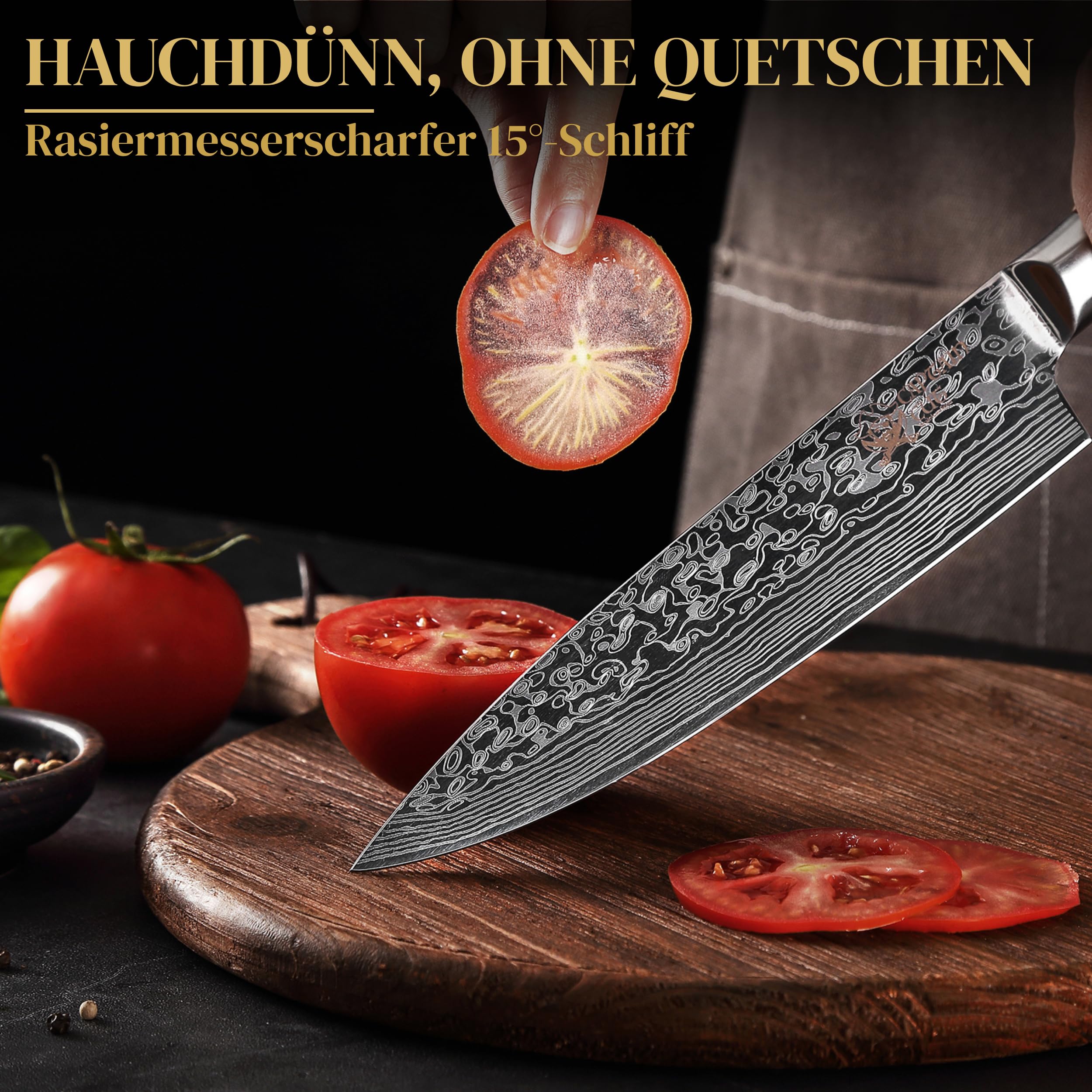 Messerset mit Block – 5-teiliges Küchenmesser Set mit magnetischem Messerblock aus Akazienholz | scharfe Edelstahl-Messer in Damast-Optik, Pakkaholzgriff | Kochmesser, Santoku & Brotmesser