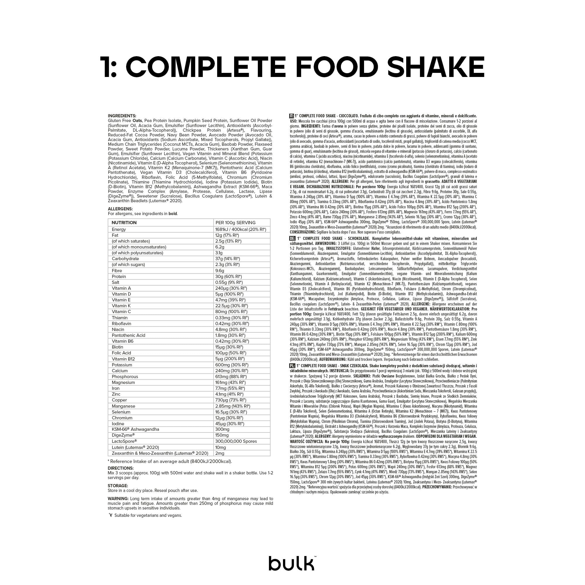 Bulk 1, Complete Food Shake, Chocolat, 3 Kg