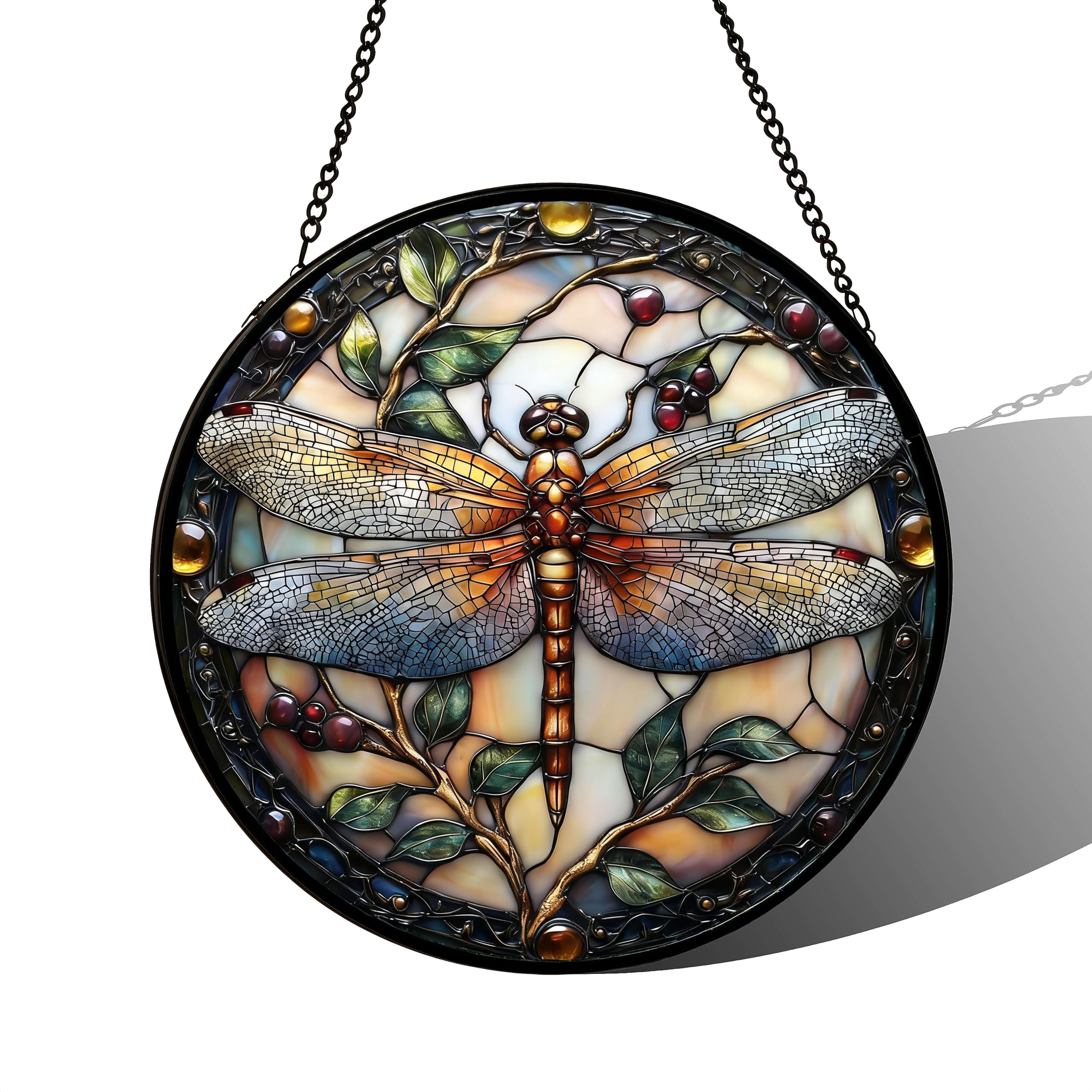 Stained Acrylic Puzzle Suncatcher,7.48in Dragonfly Whimsical Patio Lawn Porch Decor