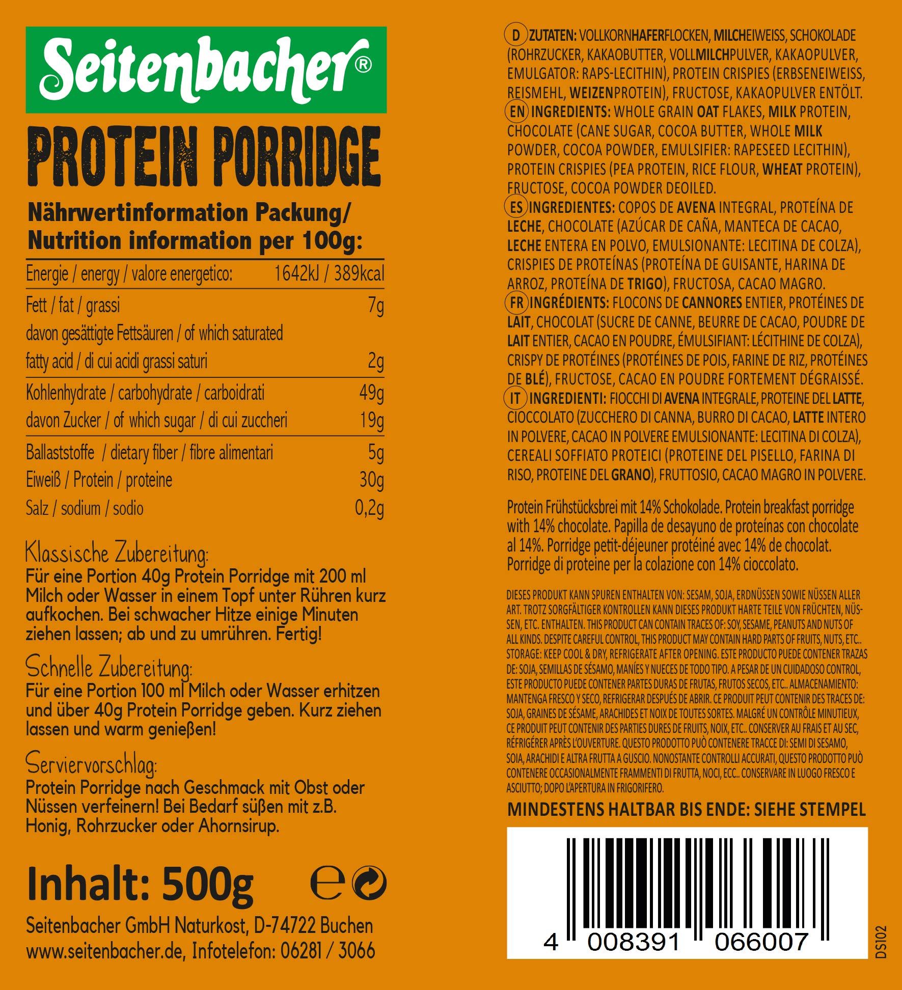 Seitenbacher Porridge Schoko I Warmes Frühstück mit 28% Protein I viel Schokolade I 6er Pack (6 x 500g)