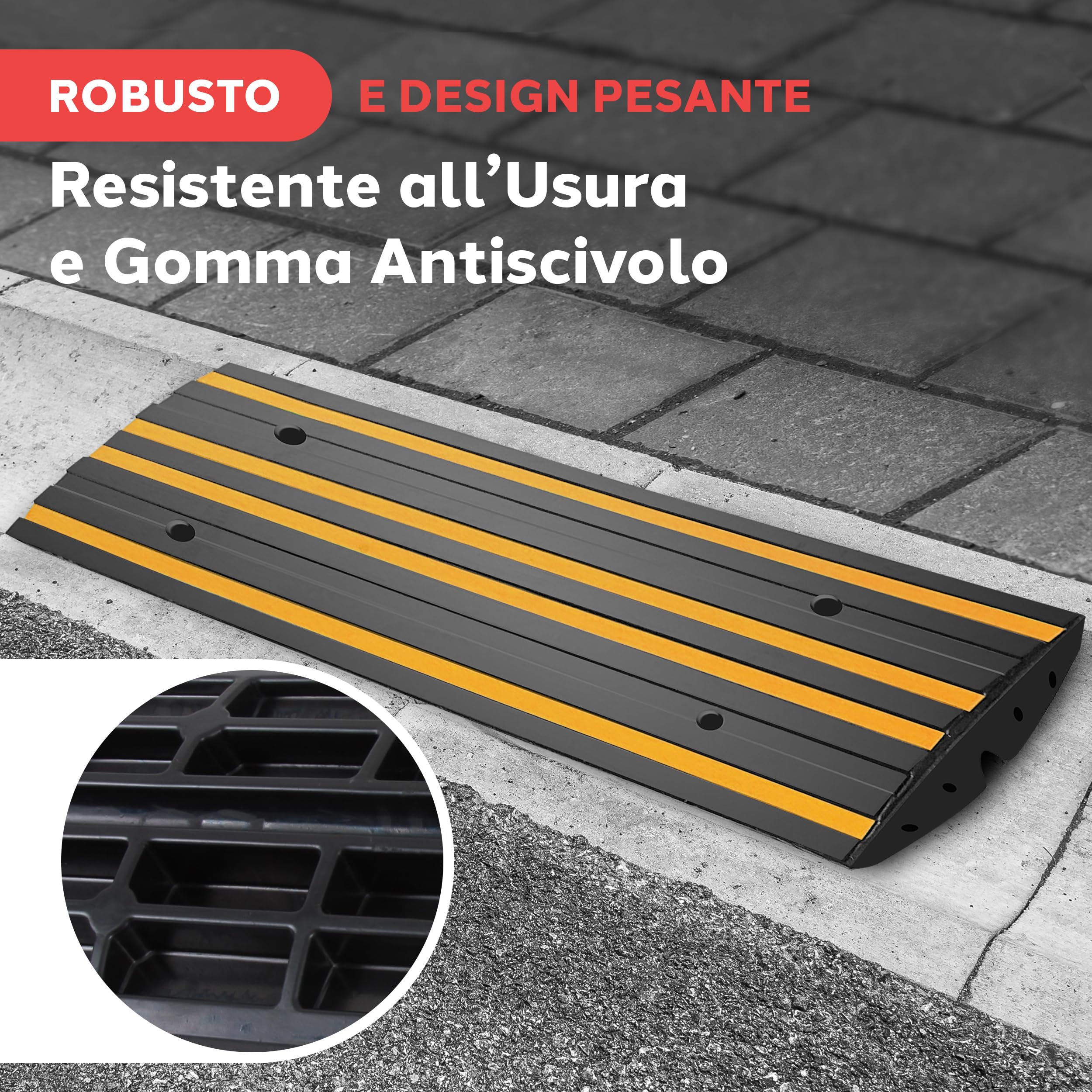 Pyle Rampa Auto in Gomma 120x40x6,5 cm, Rampe per Auto Antiscivolo Impermeabili con Strisce Riflettenti Gialle e Viti di Fissaggio