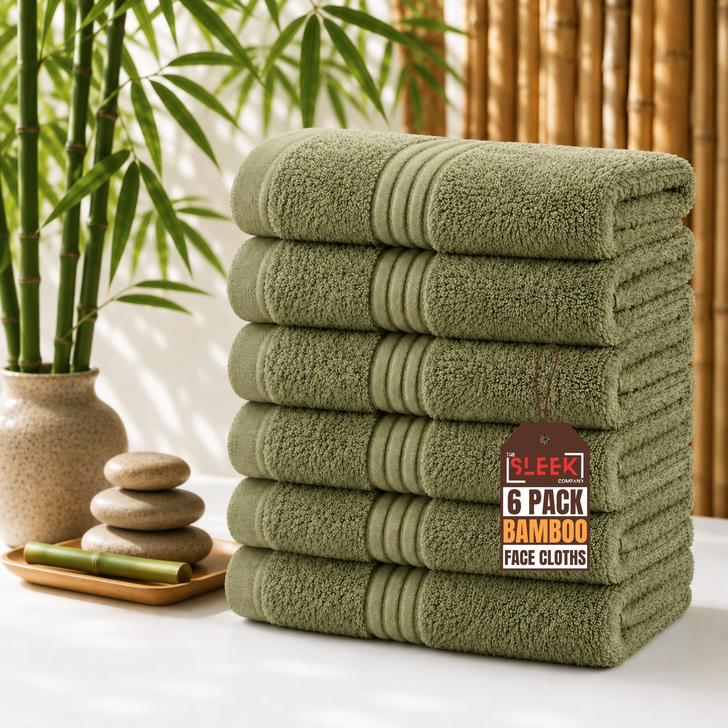 Luxury 700 GSM Bamboo Face Cloths (33x33 cm) – Pack of 6 – Soft, Hypoallergenic & Antibacterial Wash Cloth – Absorbent & Quick Dry Face Towels – Ideal for Home, Hotel, Gym, Skincare & Spa (Sage Green)