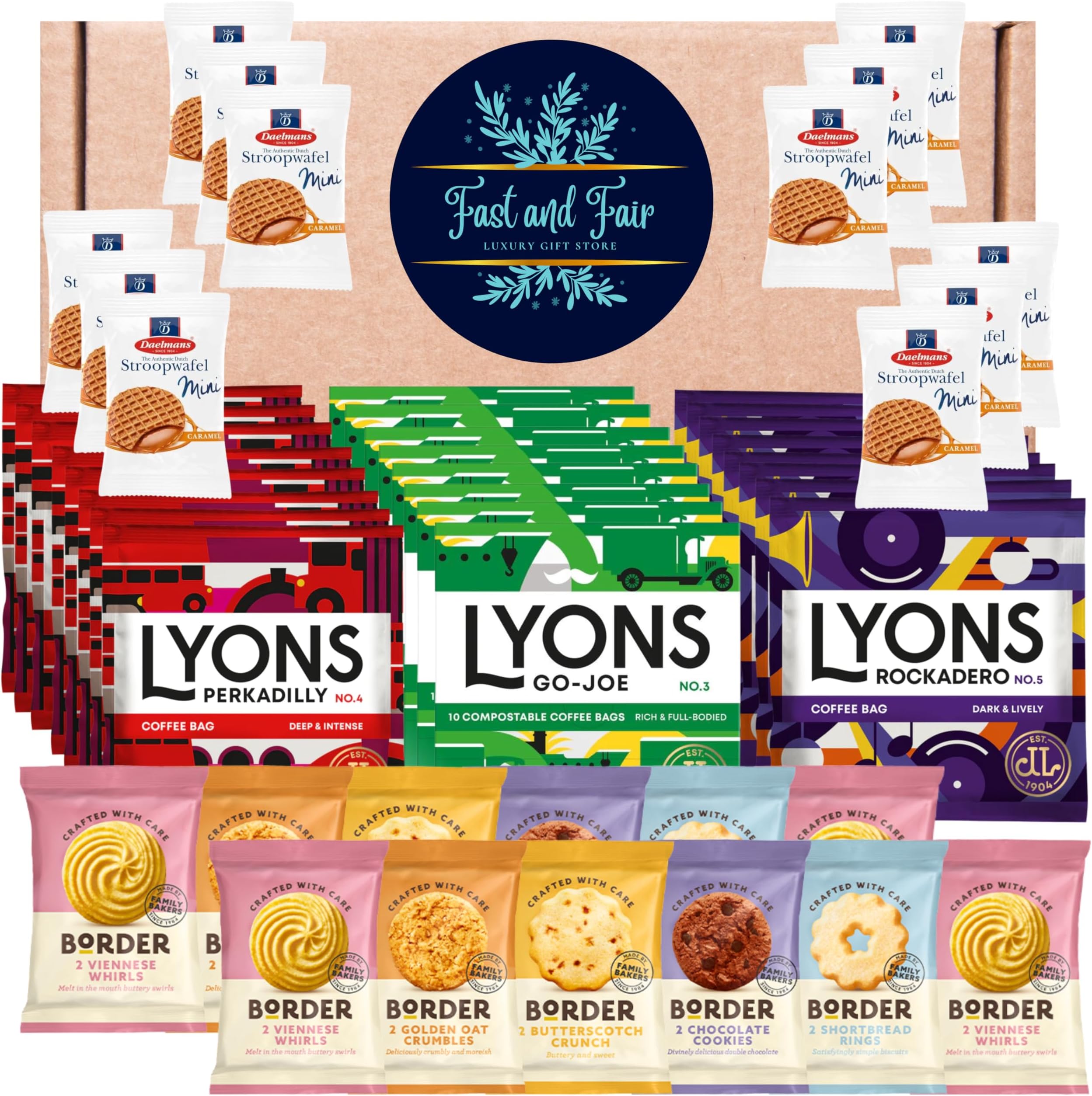 Lyons Coffee Gift Set - Hamper Selection of British Coffee Bags Bundled with Luxury Individually Wrapped Border Biscuits and Indulgent Caramel Stroopwafels | 48 Items in Bespoke Gift Box