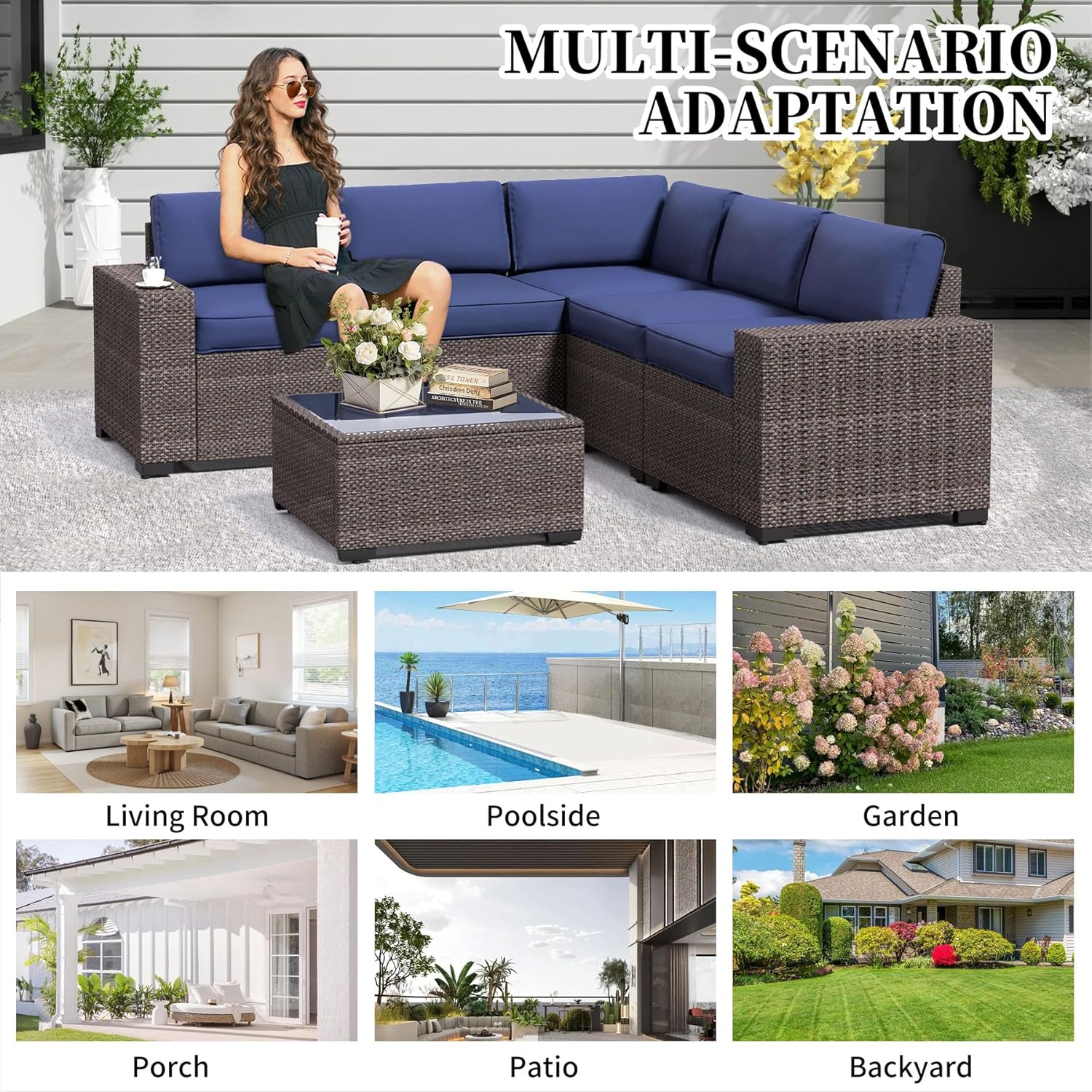 6 Pieces Wide Armrest Patio Furniture Set, Rattan Sectional Furniture with Thickened Cushions, Outdoor Patio Conversation Sets for Backyard, Poolside, Garden, Navy Blue/Brown, Sets of 6