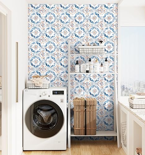 Miniatura 6 de HAOKHOME Papel tapiz geométrico para despegar y pegar, diseño de damasco floral azulblancorojo, papel de pared extraíble, decoración moderna del