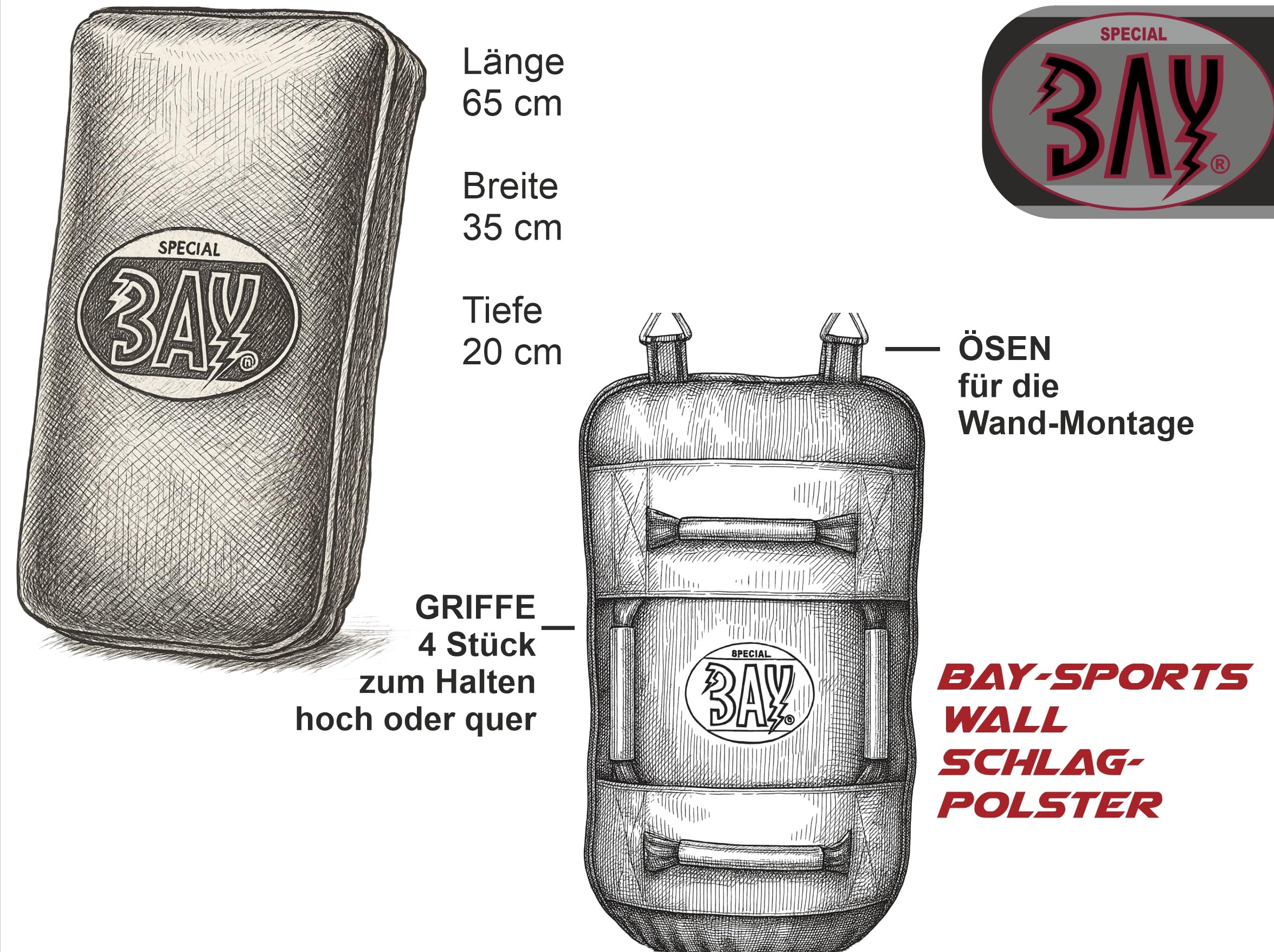 BAY Wand ARM KÖRPER Schlagpolster - 3 in 1 - Modell WALL - ARM - Body Schlagkissen Sandsack Boxsack 65 cm, Wandsandsack Makiwara Wandschlagpolster, Wandschlagkissen, Wandmakiwara Schlagpolster