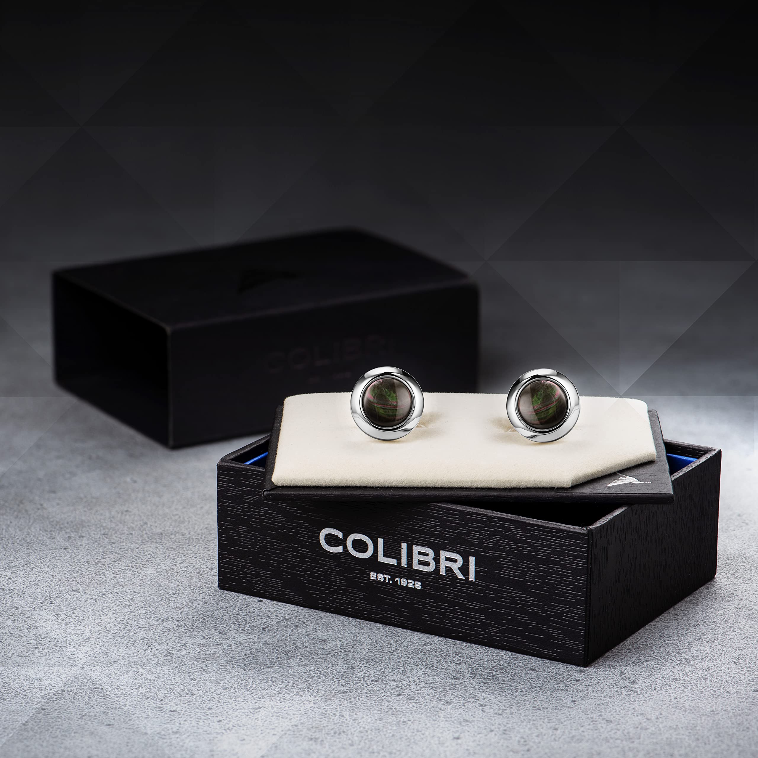 Colibri Hampton - Gemelli da uomo con intarsio in pietra, chiusura sul retro con balena, in acciaio inox lucido, confezione regalo