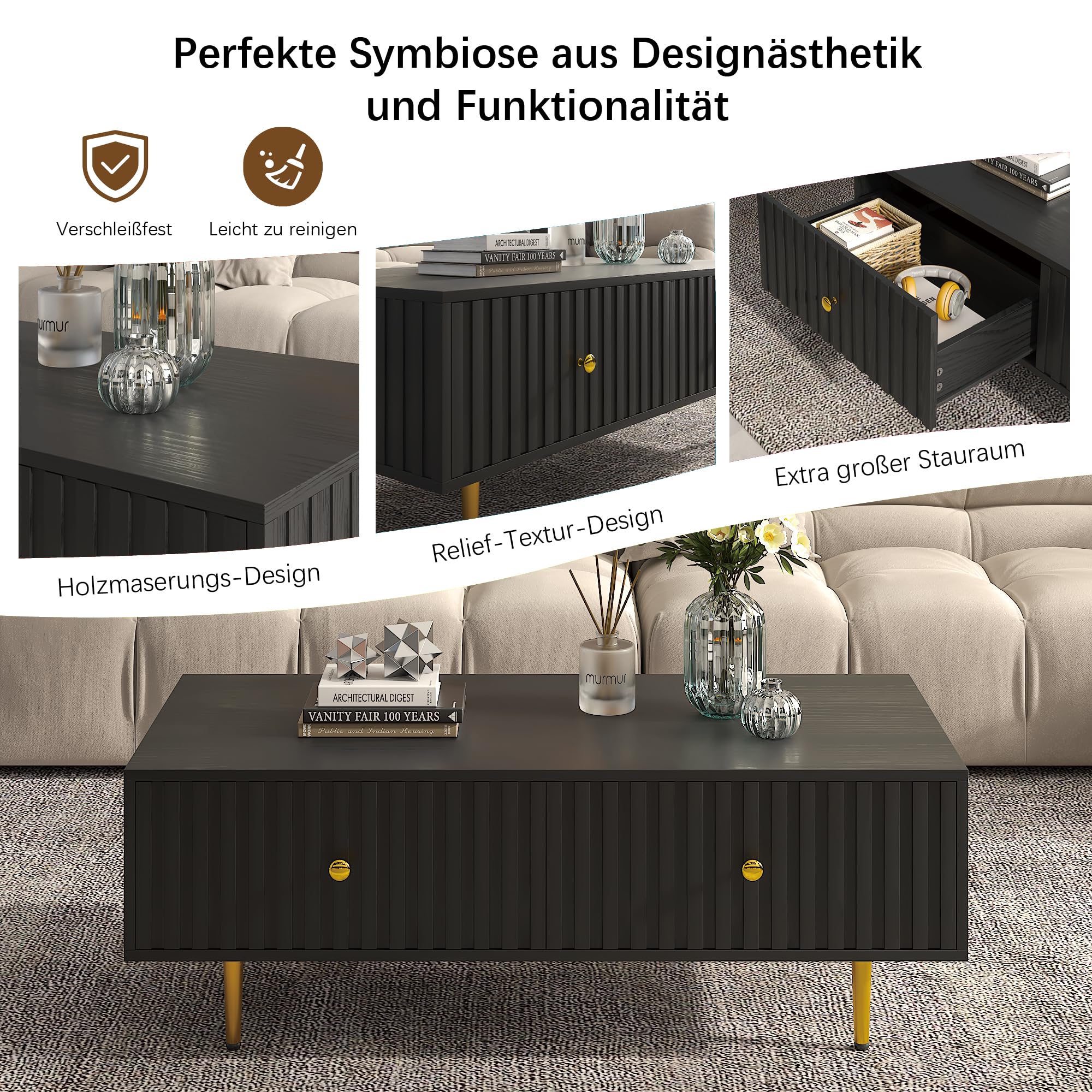 KEEPREAPER Couchtisch, Wohnzimmertisch mit 2 Schubladen und Metallfüßen, modern, für Wohnzimmer, 110 x 50x 40 cm (Schwarz)