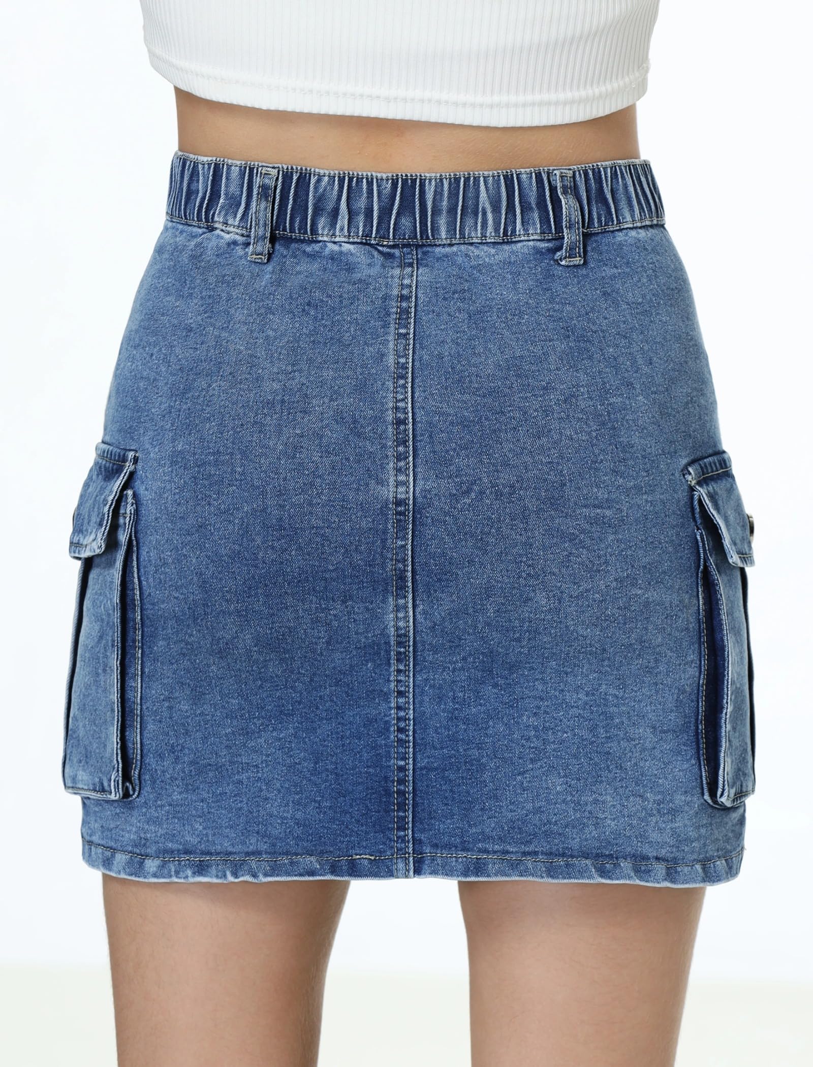EXARUS Gonna cargo da ragazza, in cotone elastico, a vita alta, linea ad A, minigonna corta con tasche, per la scuola, casual, 8-14 anni