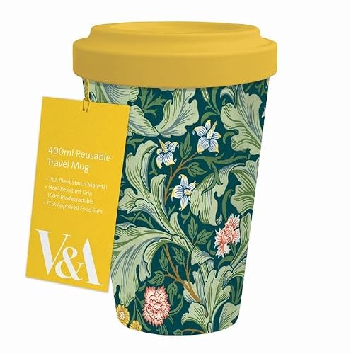 Museums & Galleries Green, Yellow, Pink 400Ml Reusable Travel Mug - Leicester Wallpaper - Sustainable Kitchenware Gift Idea