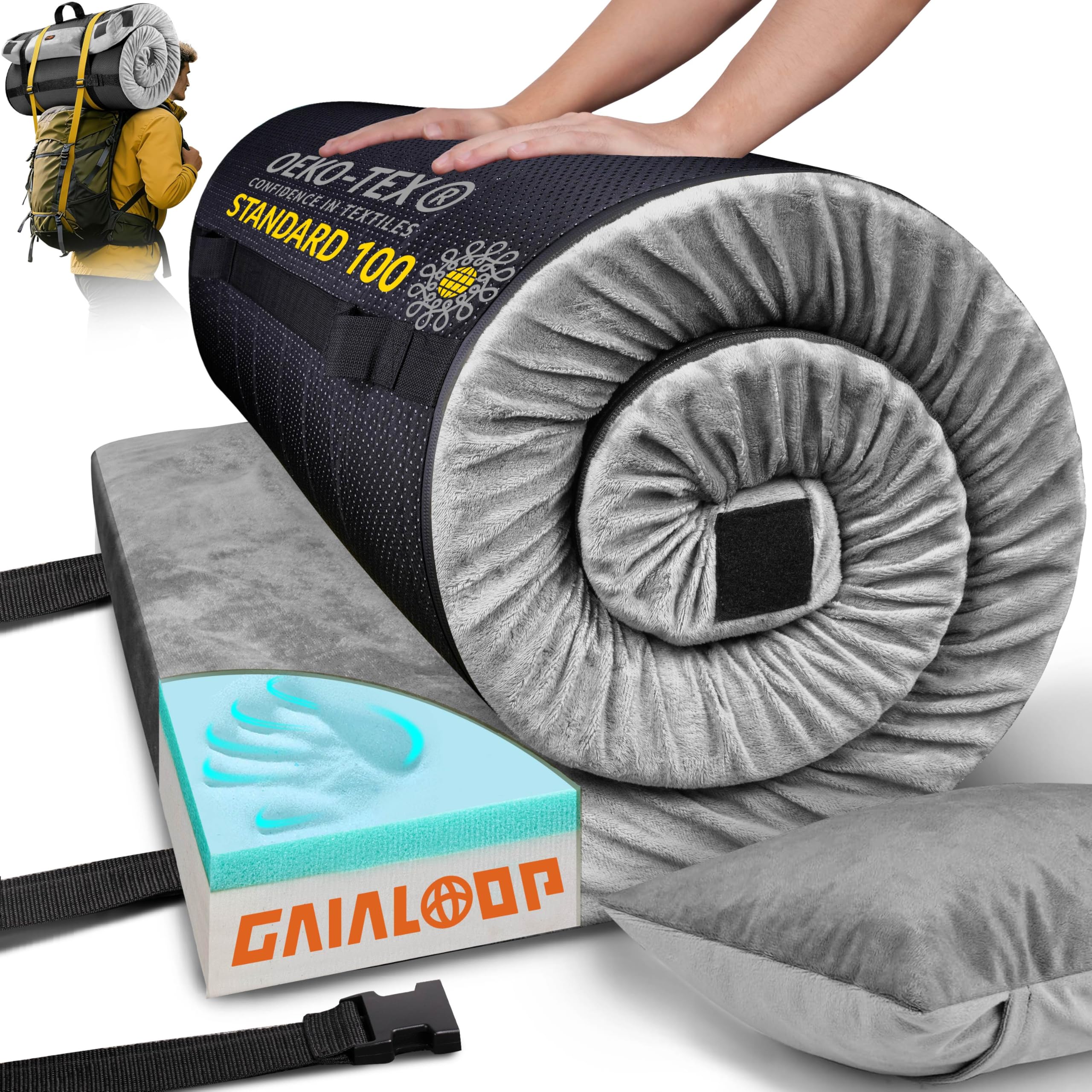 GAIALOOP 3 Inch Memory Foam Camping Mattress, Dual Layer Thick Sleeping Camp Pad for Car Tent Cot, Roll-Up Portable Glamping Floor Bed for Guests Sleepover