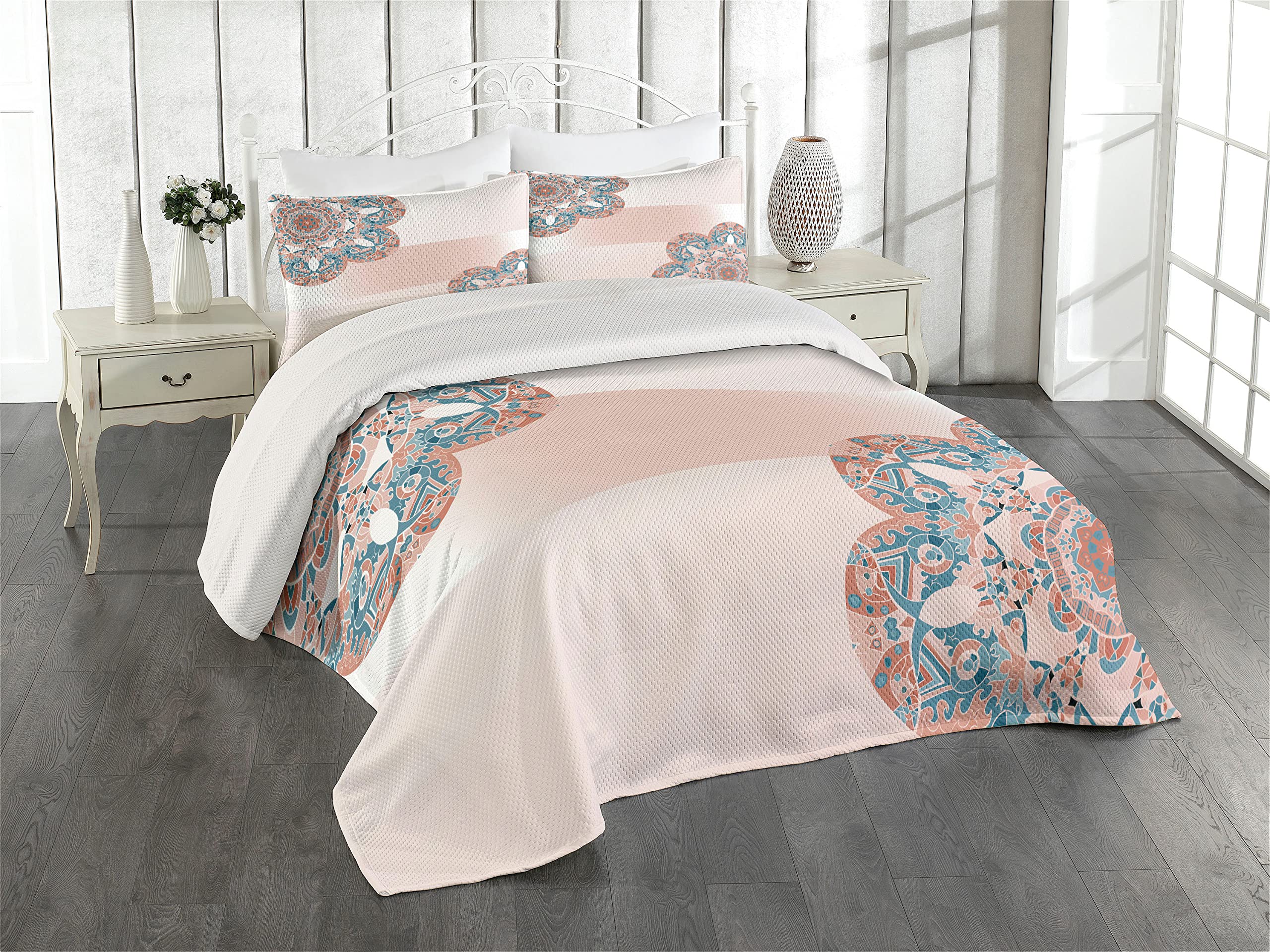 Lunarable Mandala Coverlet Set Queen Size, Pastel Floral Motif Framework Ombre Bands Old Fashioned Bohemian Retro Nostalgia, 3 Piece Decorative Quilted Bedspread Set with 2 Pillow Shams, Salmon White